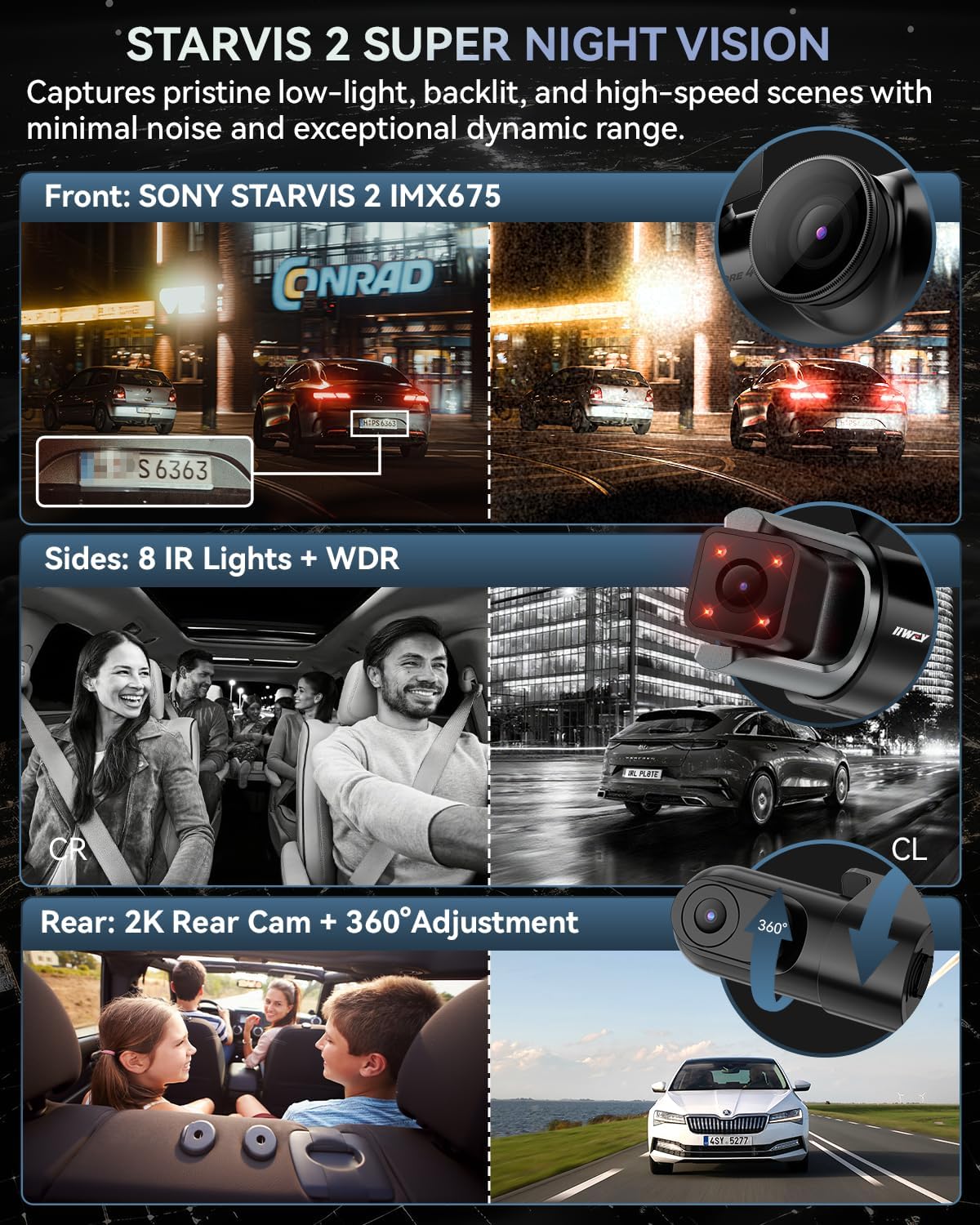 IIWEY 4 Channel Dash Cam 360° View, STARVIS 2 Front 2.7K Rear 2K Inside 1080P x2, 8IR LEDs Night Vision 3.0, PlateTag AI for Plate Clarity, 5GHz WiFi GPS, Voice Control, 24/7 Parking Mode, 128GB Card