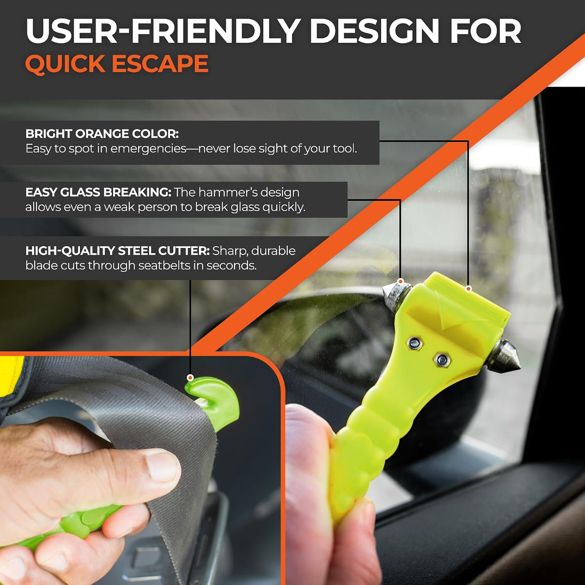 Lifehammer Brand Car Safety Hammer, The Original Emergency Auto Escape and Rescue Tool with Seatbelt Cutter, Made in The Netherlands, Glow Yellow (Pack of 3)