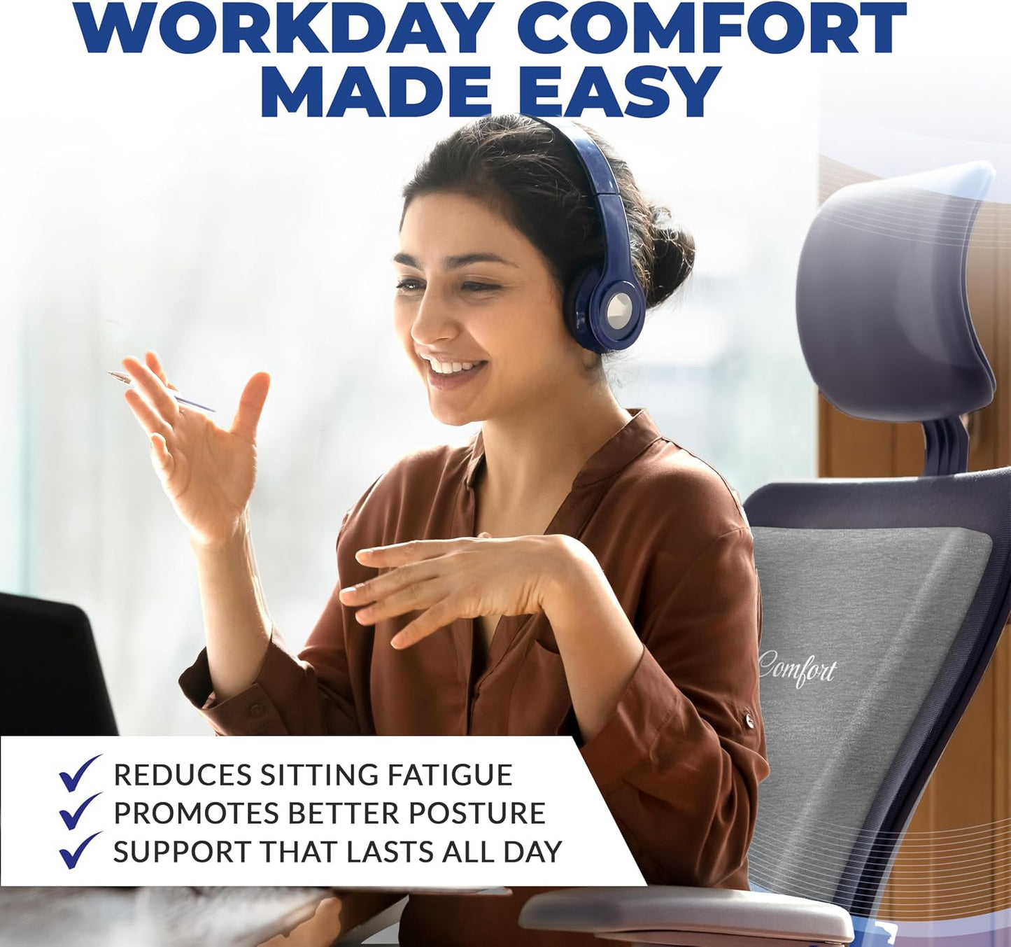 Stratos, Pure Cooling Memory Foam Seat Cushion, Ergonomic Support, Portable for Airplanes, Office Chairs, Cars, and Trains, Pressure Relief