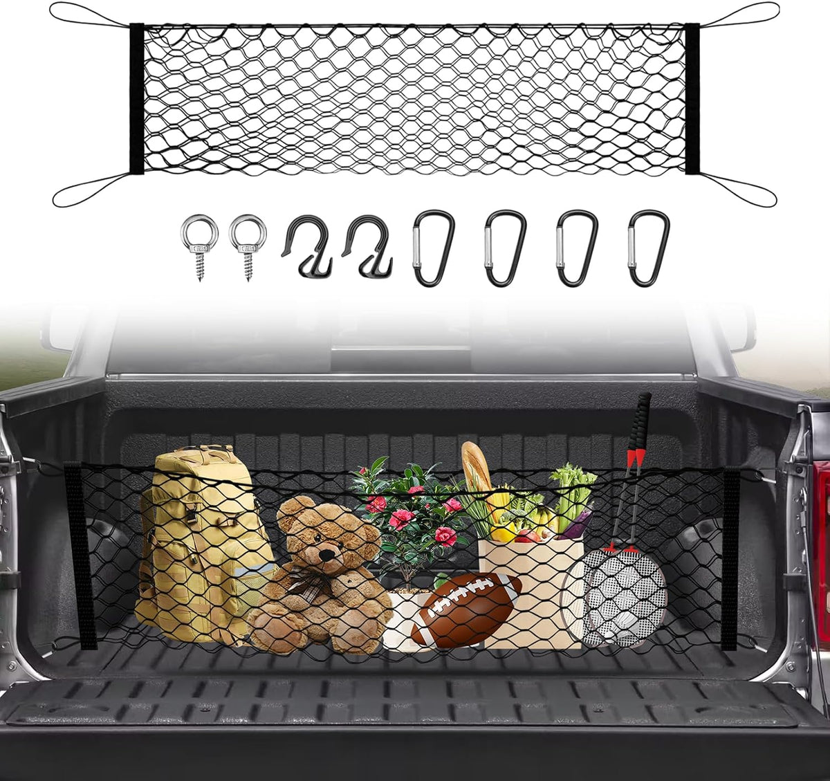 Canvcle Truck Bed Cargo Net for 2019-2025 2026 Dodge Ram 1500 Accessories Envelope Style Mesh Trunk Net Organizer and Storage Stretchable Adjustable Elastic Nylon Rear Cargo Netting with Hooks