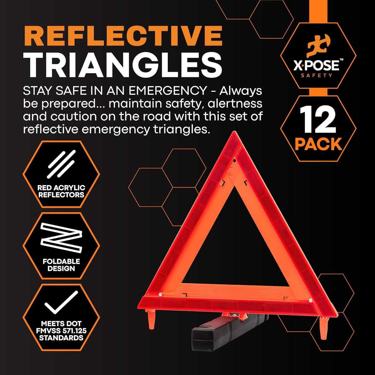 Xpose Safety Reflective Emergency Triangles – 12 Kits (36 Triangles) – DOT Approved Roadside Car Safety Warning Reflectors – Red & Orange Automotive Vehicle Hazard Visibility Markers
