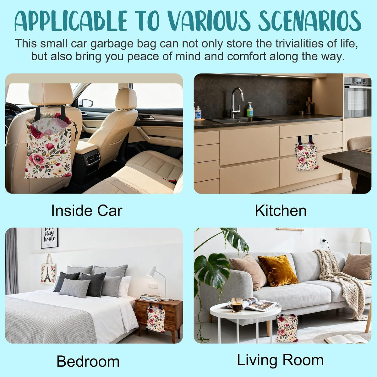 Car Garbage Bag Vintage Red and Pink Floral Hanging Canvas Car Trash Bag Drawstring Car Back Seat Organizer for Car Back Front Seat Console with Adjustable Buckle