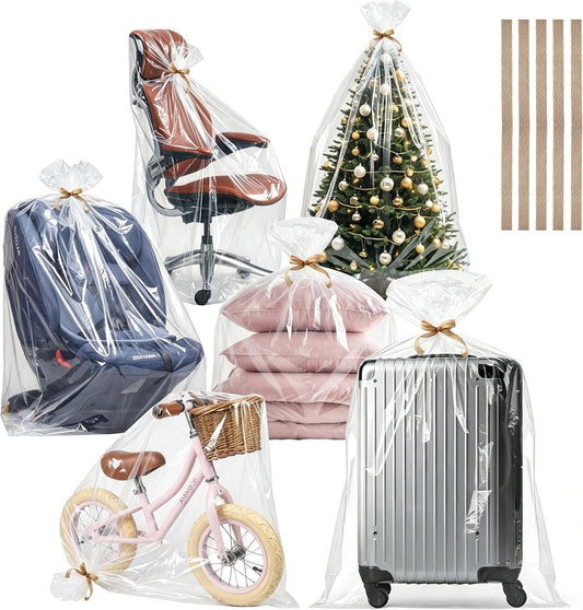 5 Pcs Extra Large Clear Plastic Bags, 40" x 60" Jumbo Waterproof Storage Bags with 5 Jute Ribbons for Car Seat, Stroller, Furniture & Luggage, Moving (2.36 Mil Heavy Duty)