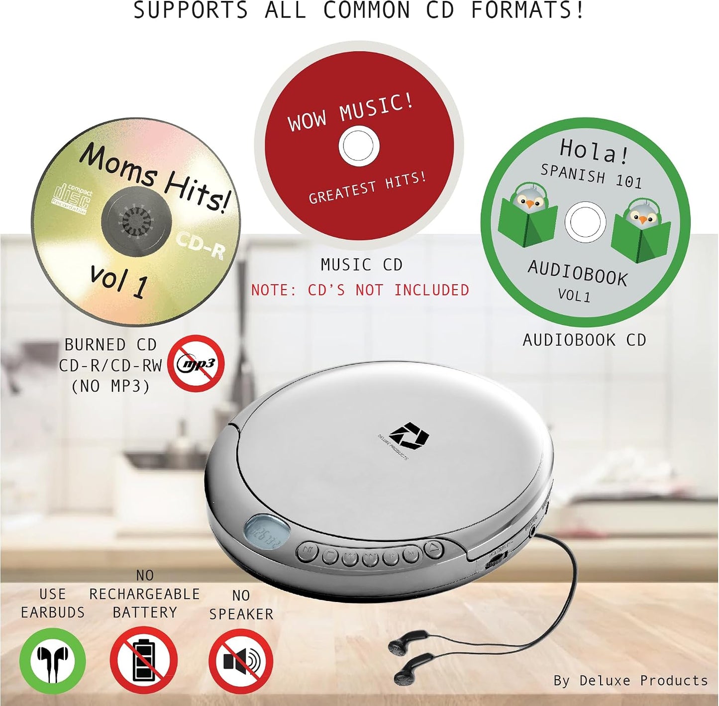 Deluxe Products CD Player Portable with 60 Second Anti Skip, Stereo Earbuds, Includes Aux in Cable and AC USB Power Cable for use at Home or in Car. Silver