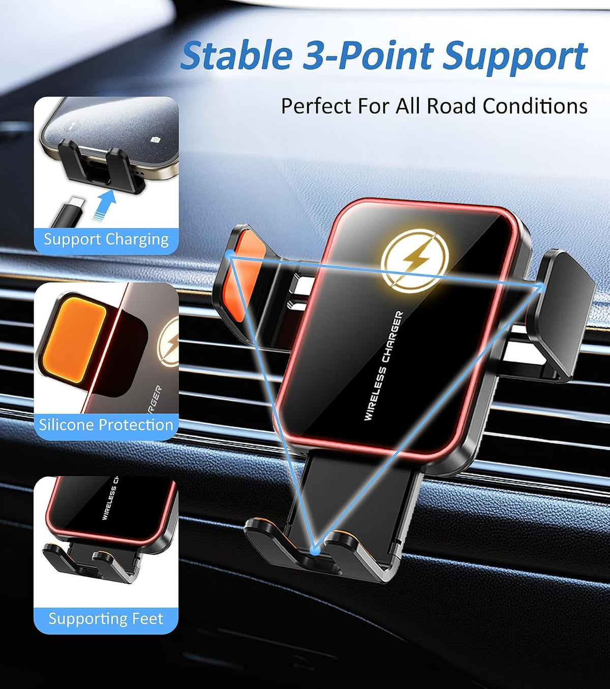 15W Auto-Clamping Wireless Car Charger Mount, Air Vent Cell Phone Holder
