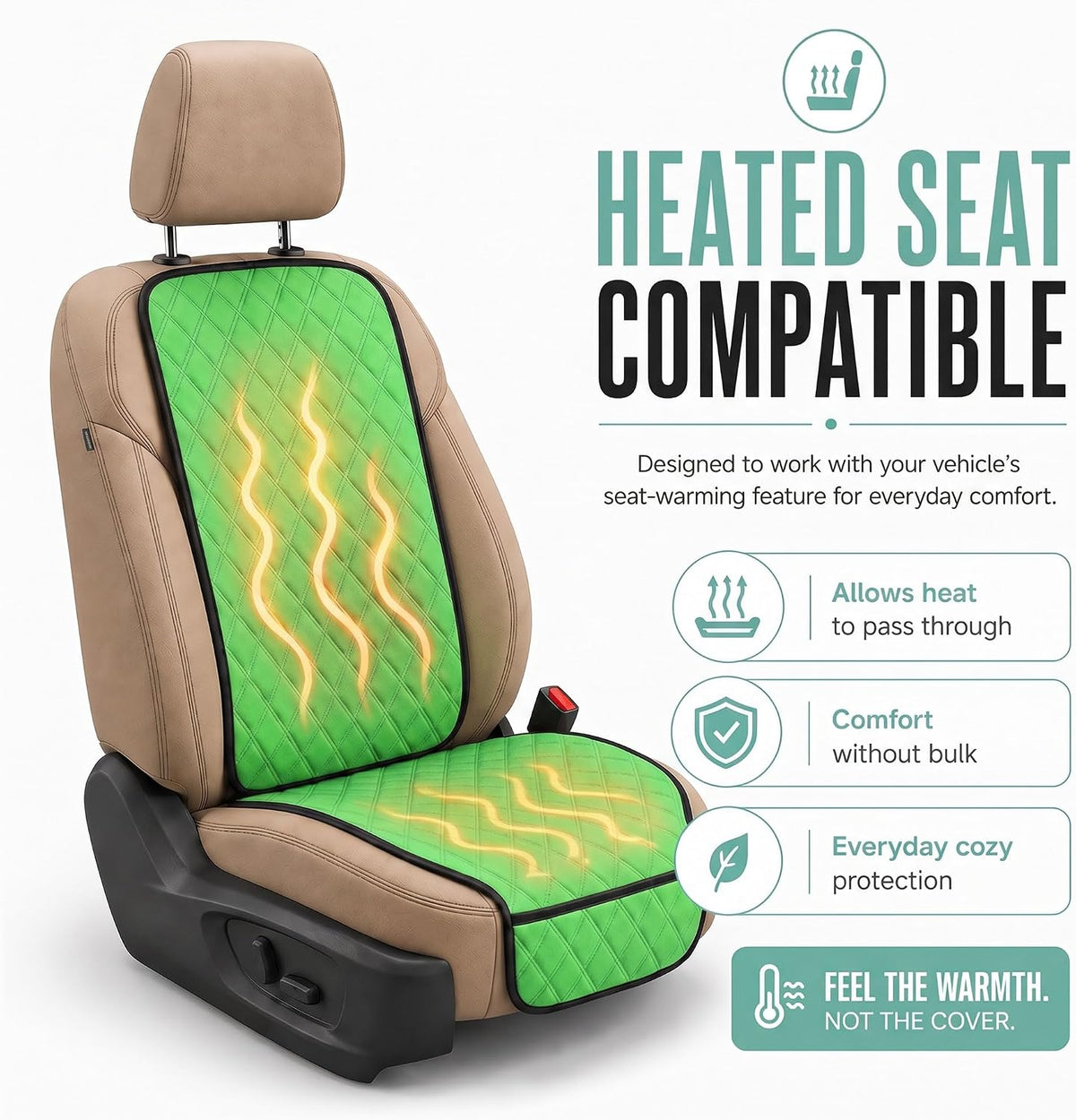 FH Group Car Seat Cushion – Neosupreme Single Front Seat Cover with Front Pockets, Airbag Compatible, Universal Fit Car Seat Cushion for Driver or Passenger Seat, SUV, Truck, Sedan & Van – Green