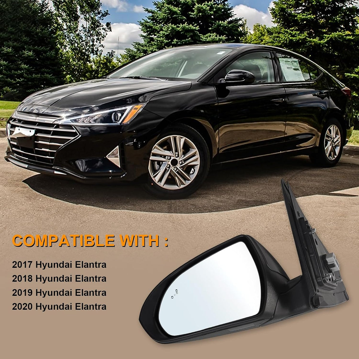 Left Driver Side Mirror Assembly Fits 2017 2018 2019 2020 Hyundai Elantra with Power Glass Heated Blind Spot Detection and Manual Folding Match to Black Replace HY1320226 (7Pins)