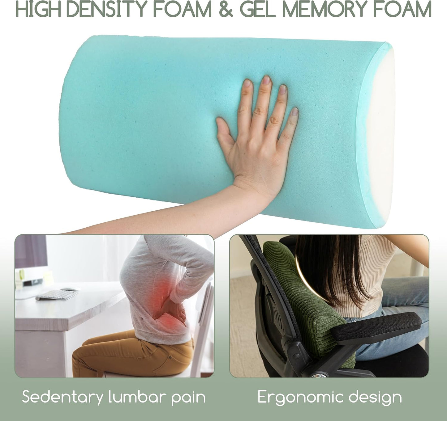 HIGOGOGO Lumbar Support Pillow for Recliner Chair/Accent Chair/Couch, Memory Foam Back Support Cushion for Elderly, Recliner Cushions for Back Rest, Pain Relief, Reading, Washable Cover, Dark Green