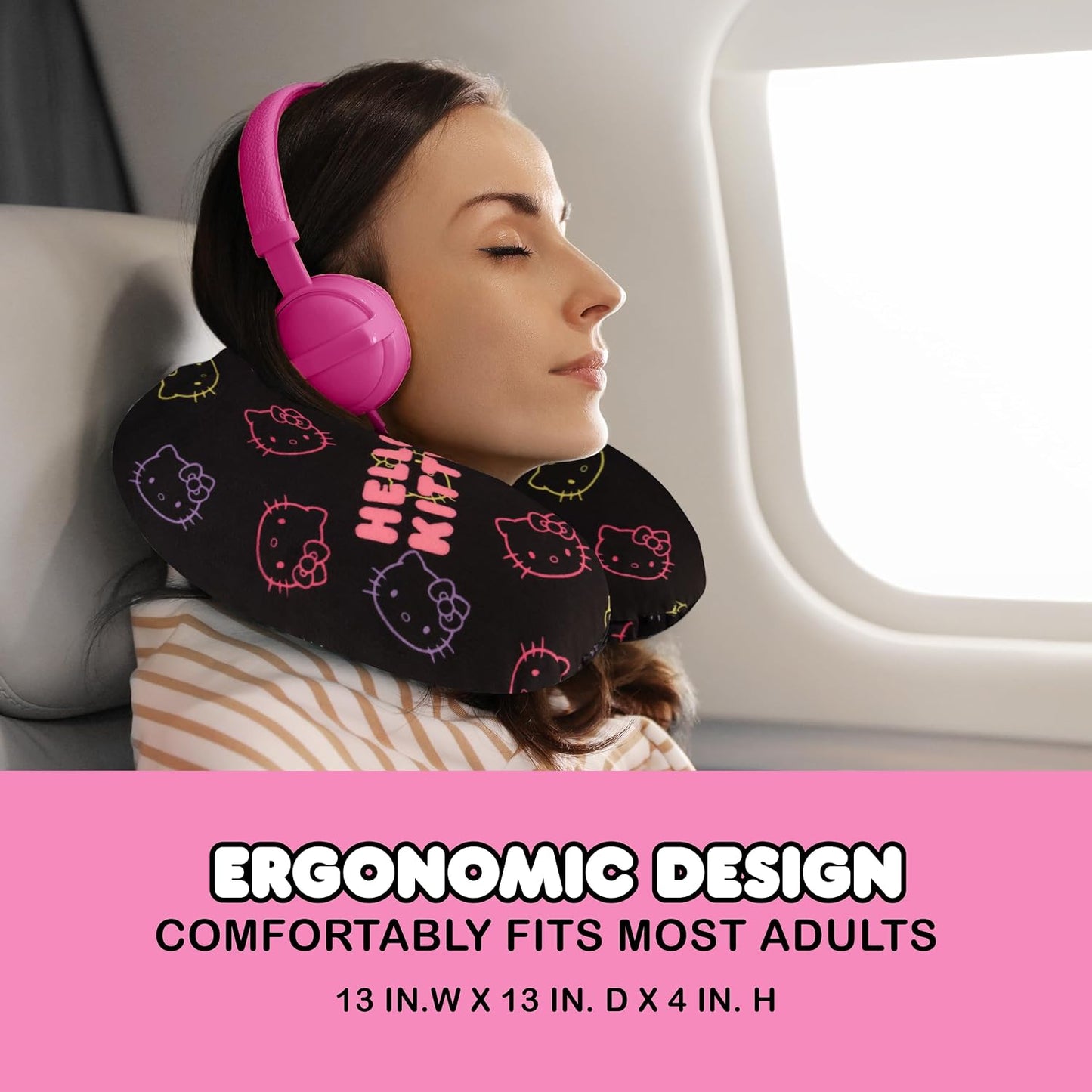 Hello Kitty Neck Pillow, Memory Foam Travel Accessories for Airplane, Car, and Office, Comfortable and Breathable, Black