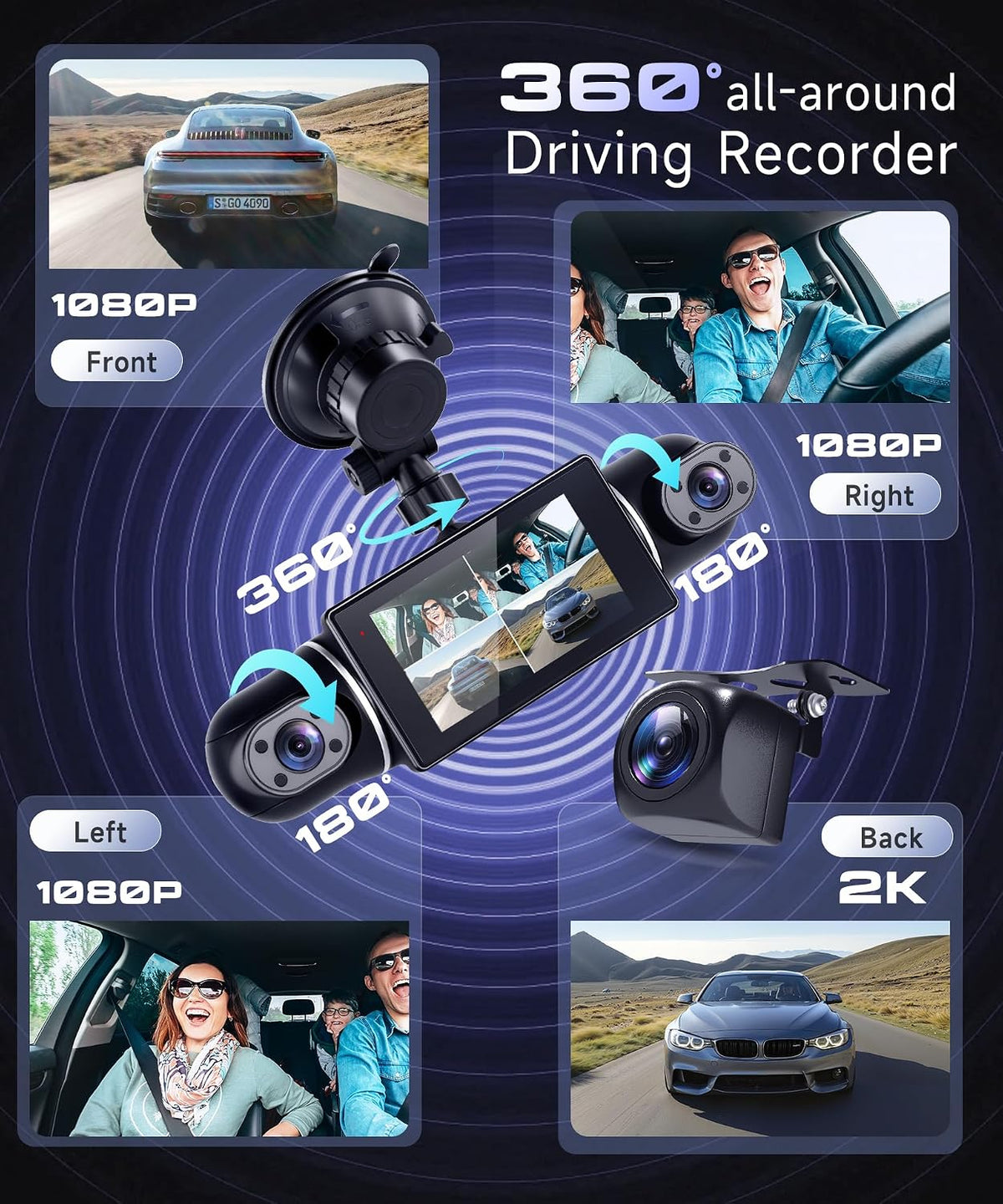 360° Dash Cam Front/Rear/Inside/Side 4-Channel Dash Camera FHD 2K+1080P×3 Car Dash Cam with WiFi, APP Control, 64GB SD Card Included, 8 IR Night Vision, G-Sensor, 24/7 Parking Mode