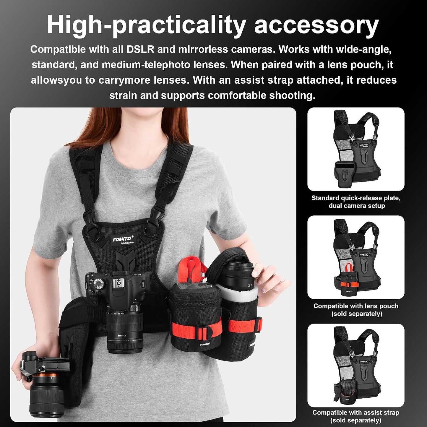 FOMITO Multi Camera Carrying Chest Harness System Vest with Side Holster for Canon 6D 600D 5D2 5D3 Nikon D800 D600 D300 D7000 D90 Sony A7S A7R A7S2 Panasonic Olympus DSLR
