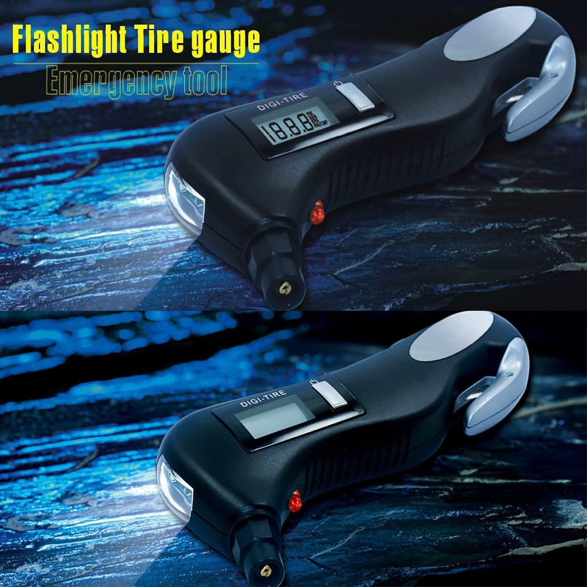 5 in 1 Rescue Emergency Tool for Car, Motorcycle and Other Vehicle - 150 PSI Digital LED Tire Pressure Gauge Monitor, Safety Hammer, Flashlight, Seat-Belt Cutter, Red Safety Light.