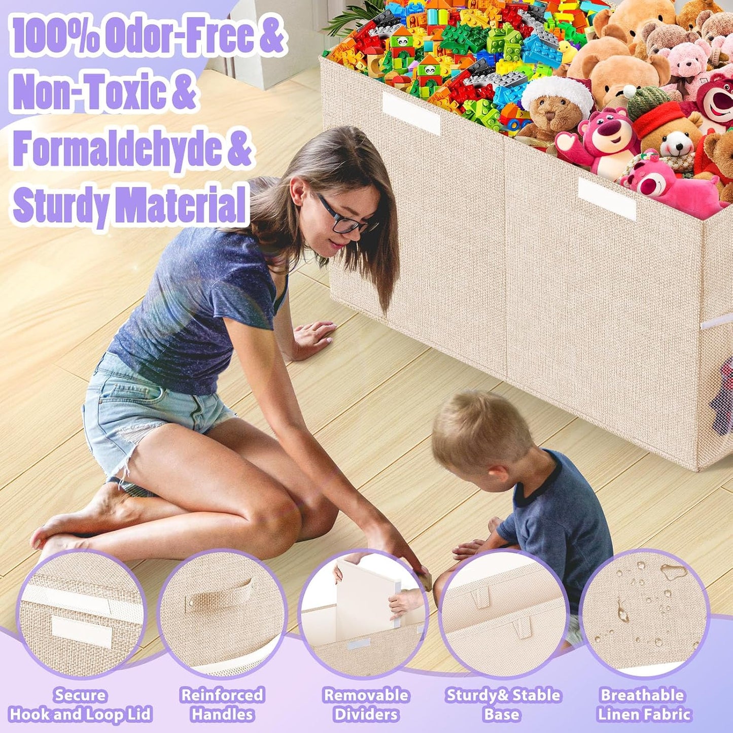 Large Toy Storage Box with Lid Divider, Sturdy Collapsible Toys Organizer Chest Kids Storage Bins Boxes Baskets for Boys, Girls, Nursery, Bedroom, Living Room, Playroom, 25"x13"x16", Beige