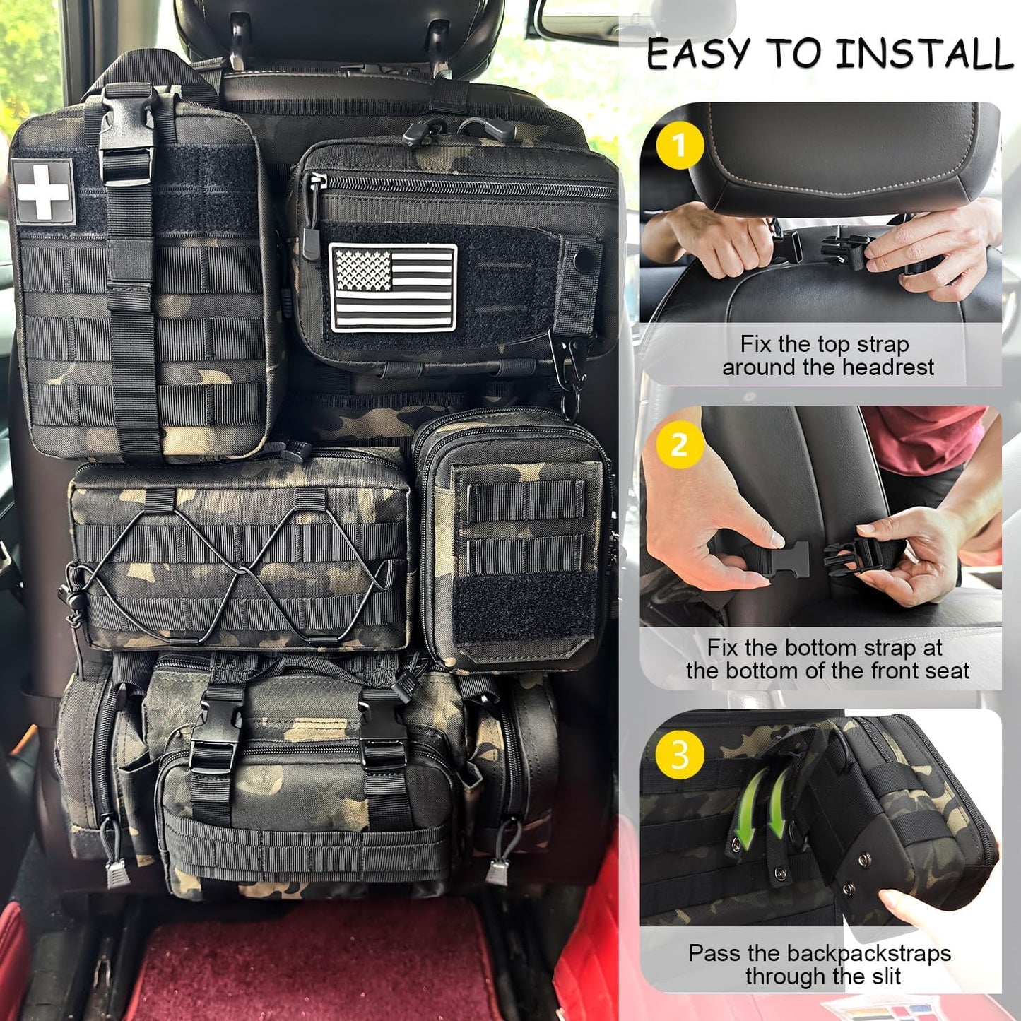 Tactical Car Seat Back Organizer, 2025 Upgrade Tactical Vehicle Panel Organizer with 5 Detachable Molle Pouch for Car Truck Ford Jeep Vehicle (Dark CM)