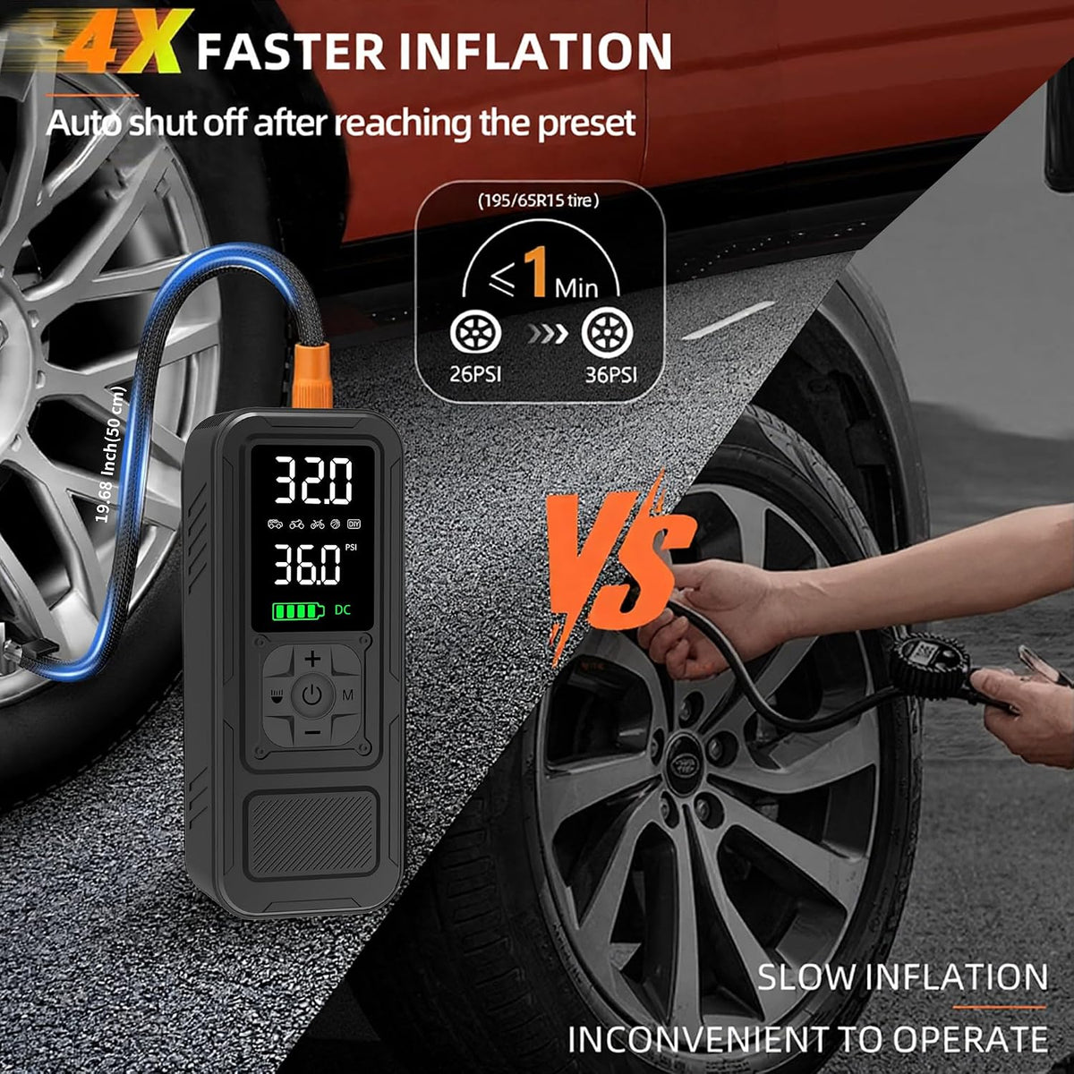 Y34 Tire Inflator Portable Air Compressor,4X Faster Inflation,6000mAh Cordless/12V DC 150PSI Air Pump with Digital Pressure Gauge for Car,Motorcycle,Bike,Ball Gifts for Men