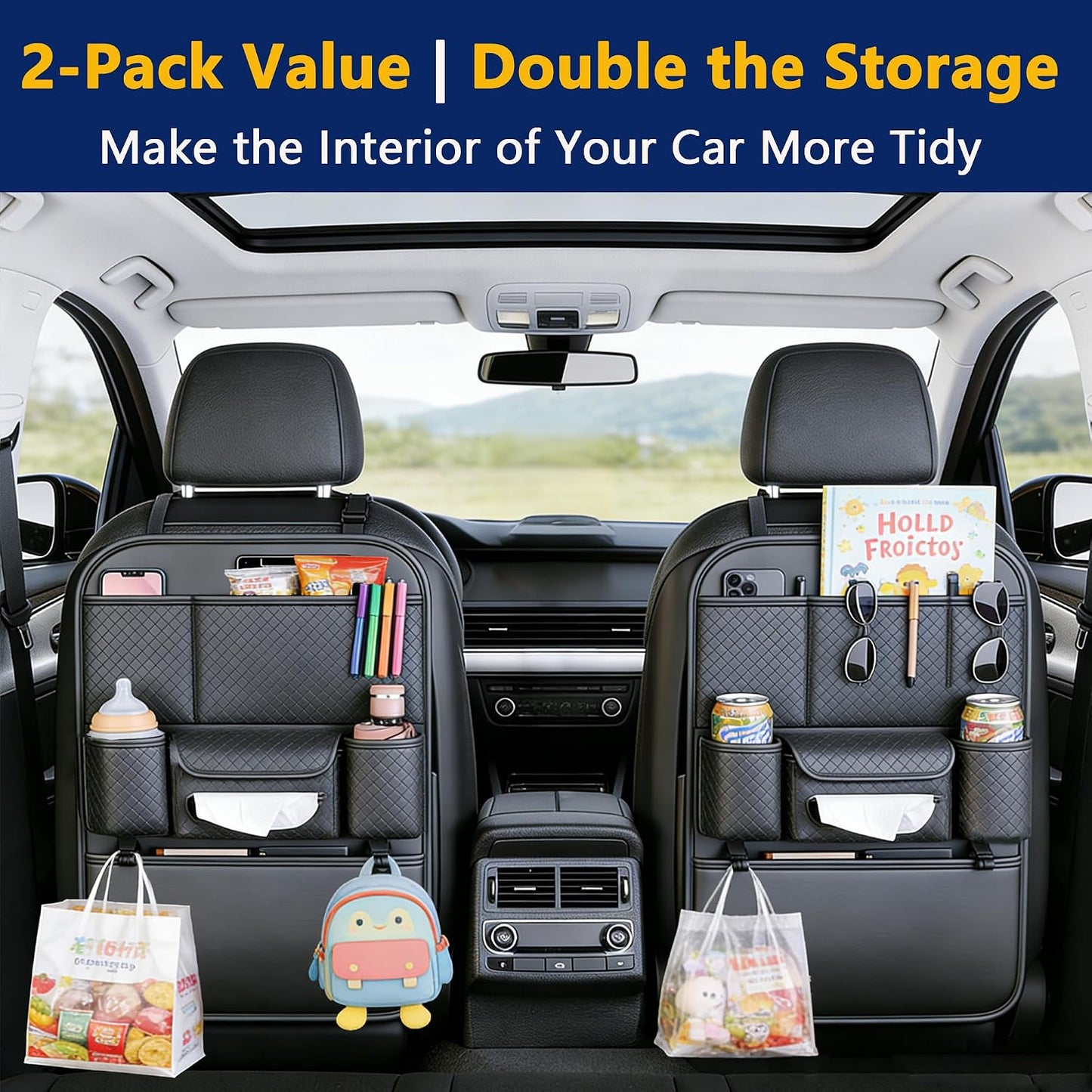 2-Pack Backseat Car Organizers with Hooks - Hanging Car Seat Back Organizers for Toys, Tablets, Books & Tissues - Hanging Car Back of Seat Storage Bags for Kids Toddlers, Black Leather Car Kick Mats