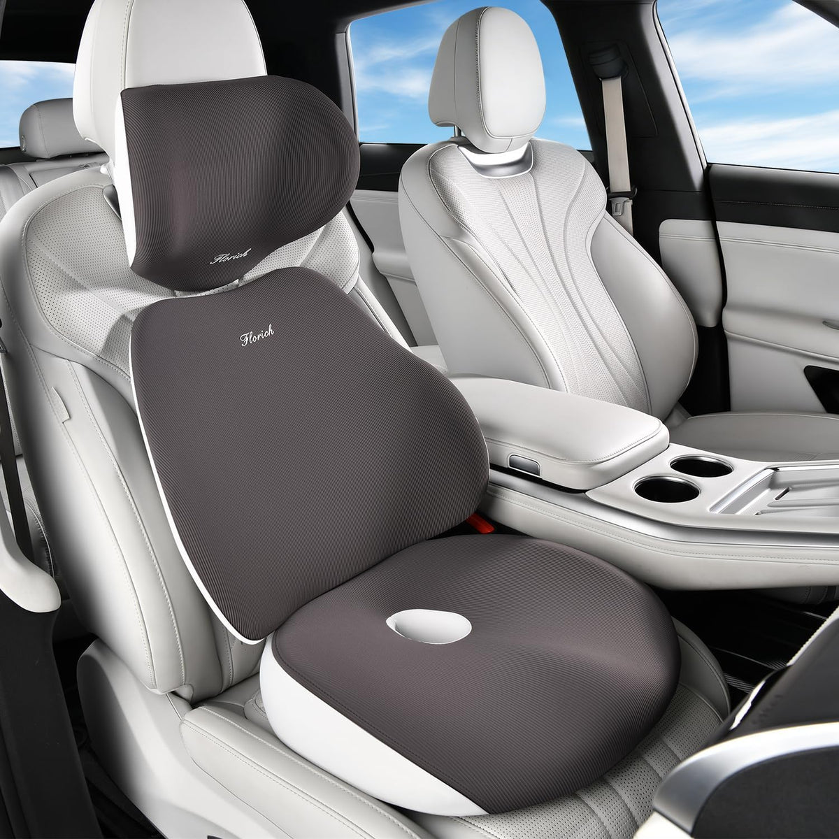 FLORICH Car Seat Cushion & Lumbar Support Pillow & Car Neck Pillow, Ergonomic Memory Foam Driving Seat Cushions for Back & Sciatica Pain Relief, Non-Slip Cushion for Car, Office Chair,Wheelchair-Gray
