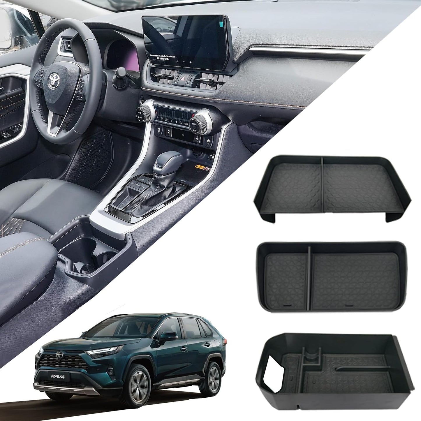 7PCS Upgrated Center Console Organizer for Toyota RAV4 2026 2025 2024 2023 2022 Dashboard Storage Organizer, Console Divider Storage Tray, Armrest Storage Box, 4of Car Hooks for RAV 4 Accessories
