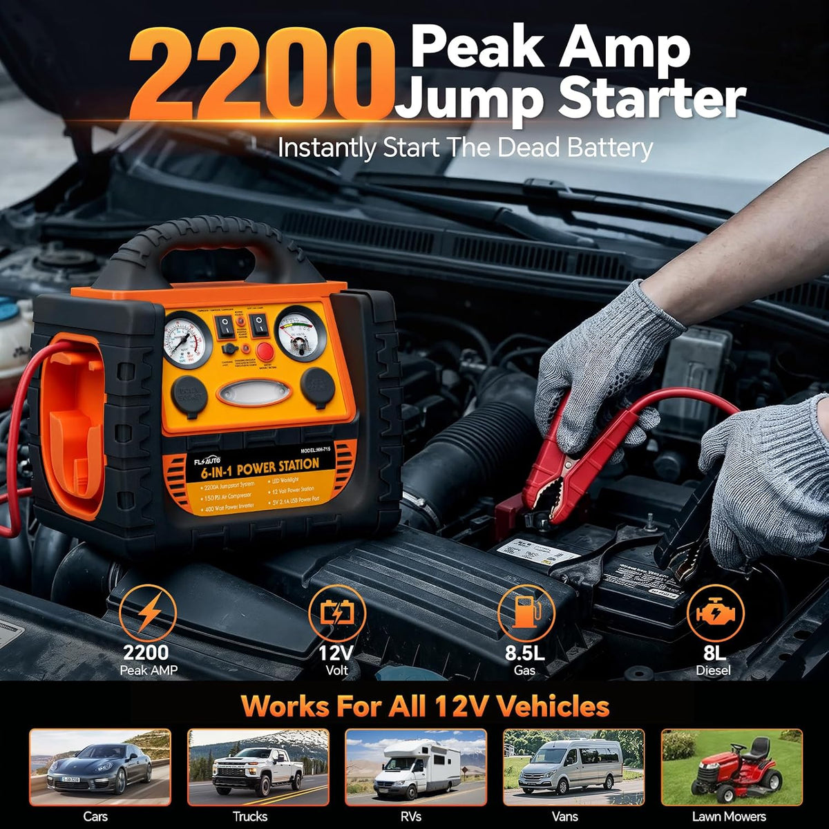 Portable Jump Starter with Air Compressor, FlyAuto 2200A Battery Booster for Cars, Trucks & SUVs, Up to 8.5L Gas & 8.0L Diesel, 150PSI Tire Inflator, Emergency Power Pack with AC/DC/USB