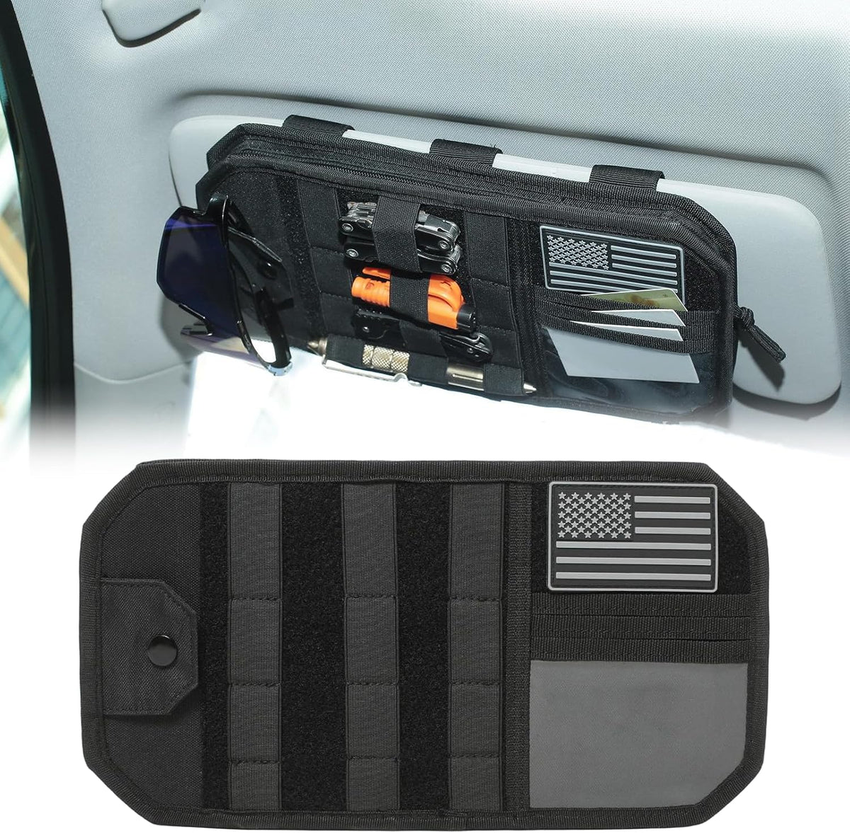 Molle Car Sun Visor Organizer,Tactical Car Accessories with Zipper Storage Pouch & Glasses Clip,Automotive Semi-Rigid Molle Panel for SUVs,Trucks,Cars & Patrol Vehicles(Black)