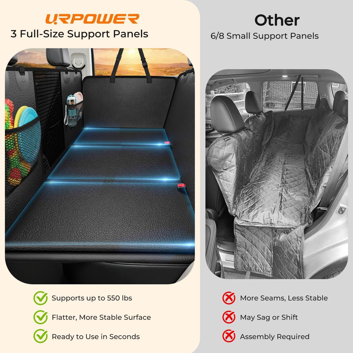 URPOWER Upgraded PU Leather Back Seat Extender for Dogs - Large Hard Bottom Dog Car Seat Cover Holds 550lbs, Waterproof Dog Hammock Pet Bed with High-Density Foam Non-Slip Backseat Protector