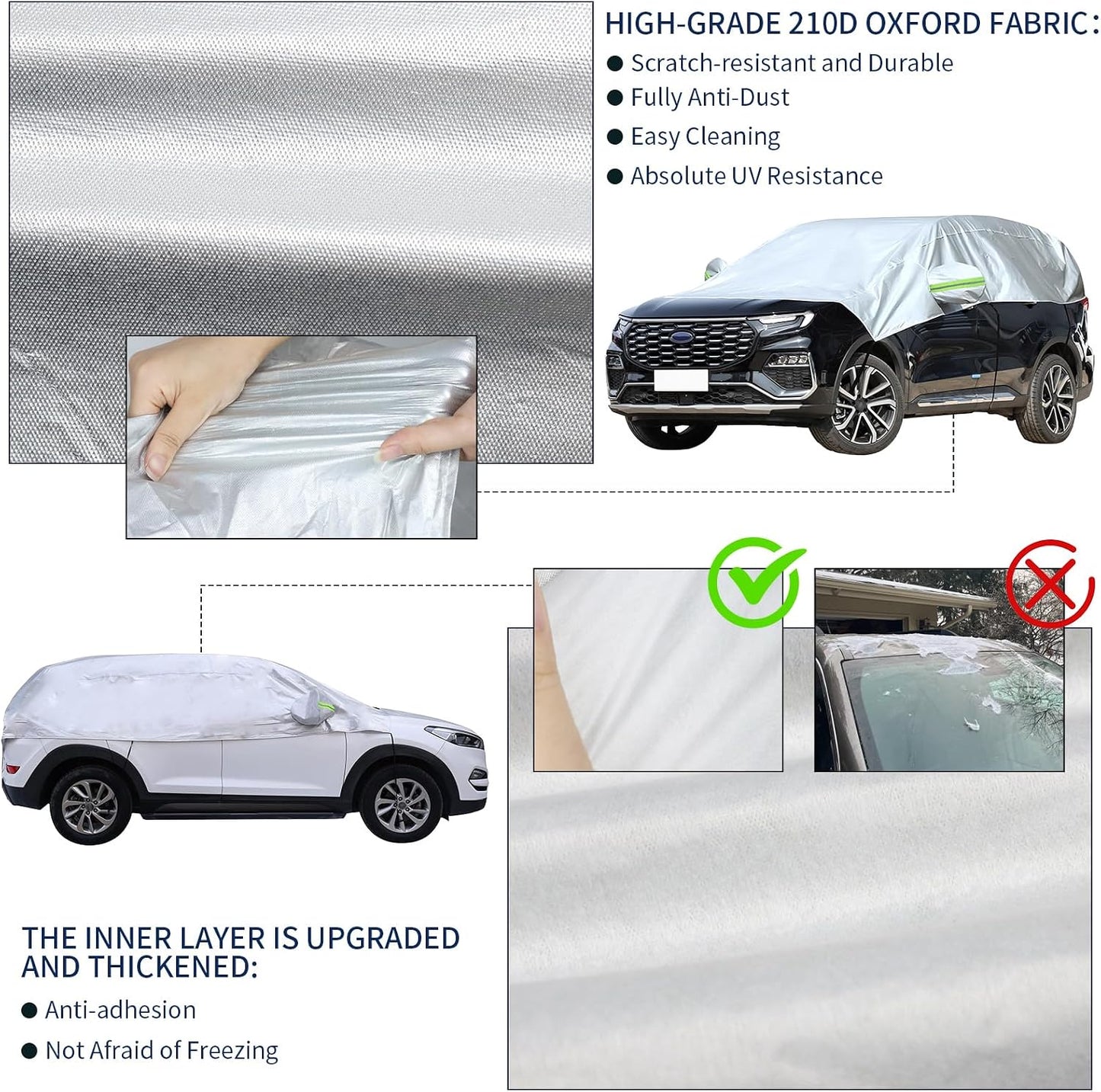 Hrozny Half Car Cover, Car Windshield Cover for Ice and Snow with Reflective Straps, Car Snow Cover Universal Fit for Most Cars (SUV)