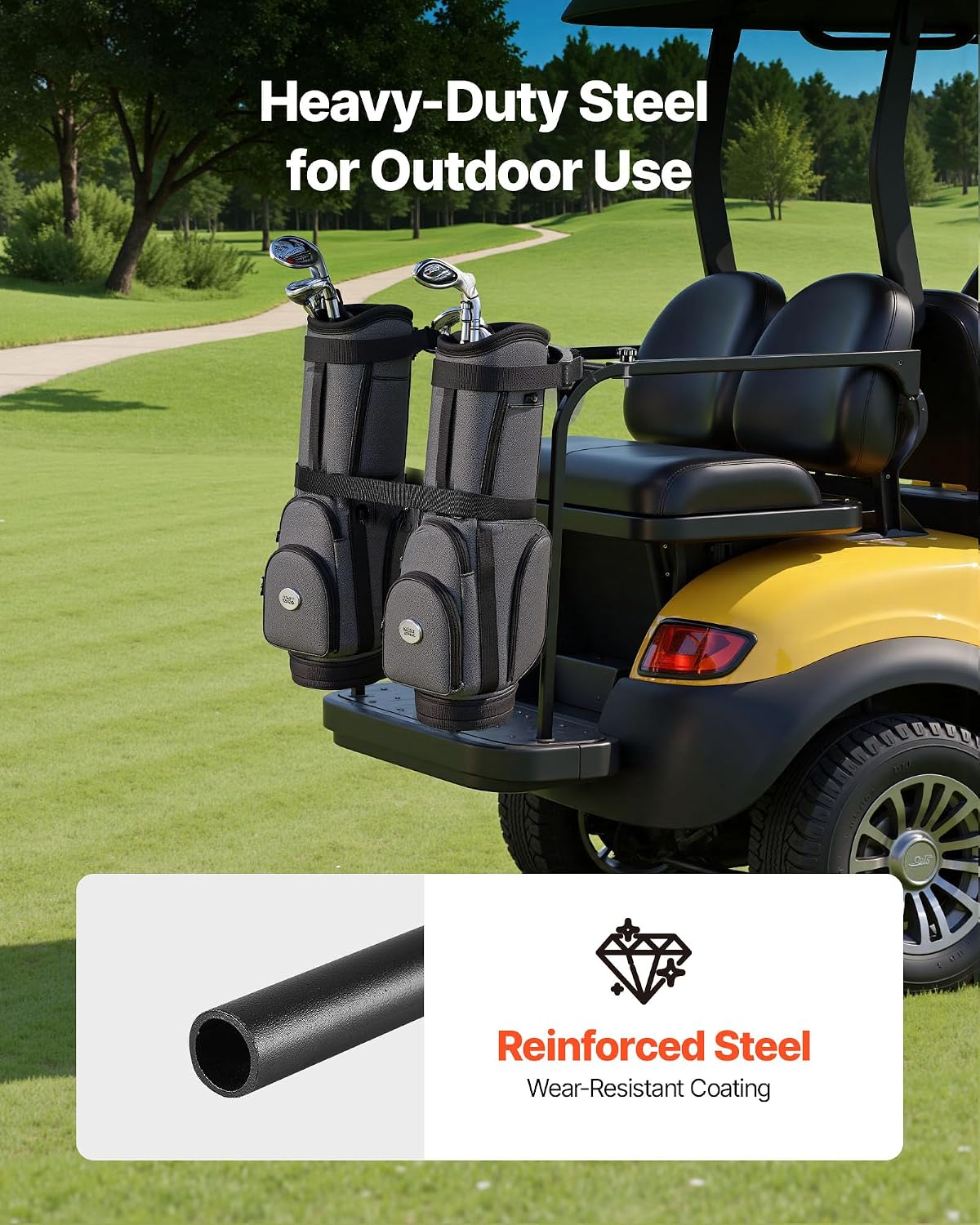 VEVOR Golf Cart Bag Holder, Compatible with Yamaha, EZGO, Club Car, Most Golf Cart Rear Seat with 1.2 Inch Square Tubes, Adjustable Rear Seat Carts Club Holder with Strap, No Drilling Required