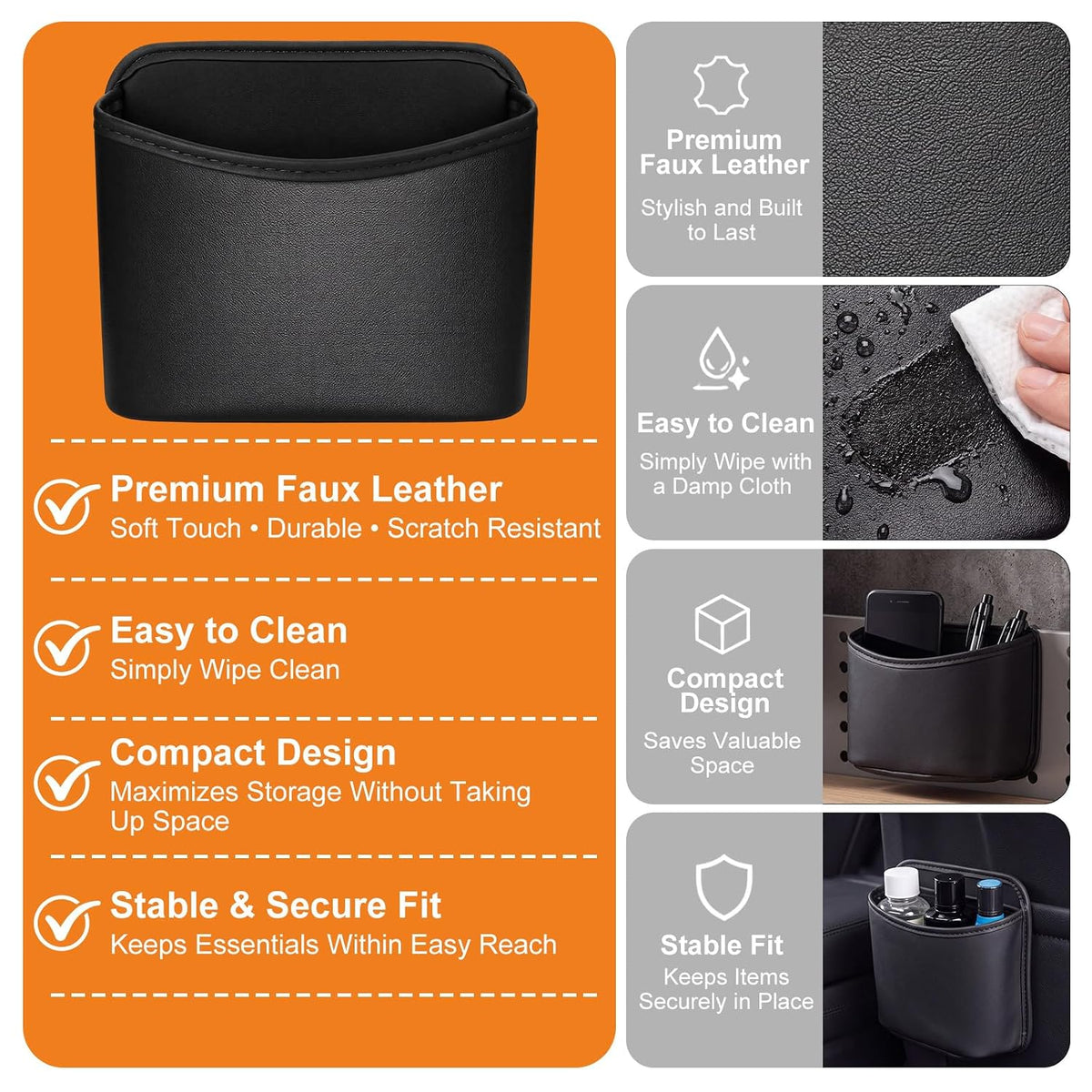 Leather Car Trash Can Hanging Car Garbage Bin with 4 Roll Trash Bag Leakproof Faux Leather Auto Garbage Container Easy Clean Vehicle Waste Basket for Suv, Truck, Sedan, Easy to Install, Black