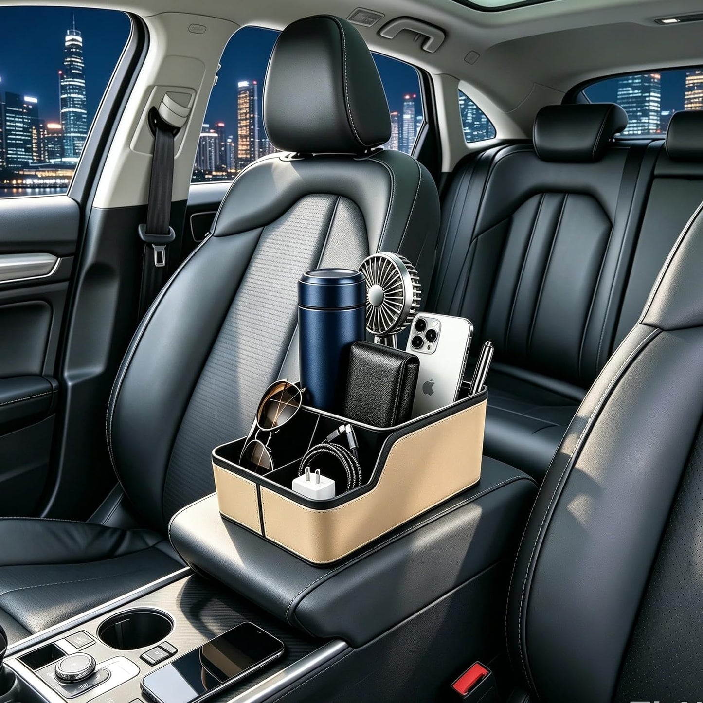 Car Organizer Between Back Seat,Car Armrest Storage Box with Compartment,Multifunctional Front Seat Organizer,Center Console Cup Holder Tray,Car Seat Organizer with Non-slip Mat(Beige)