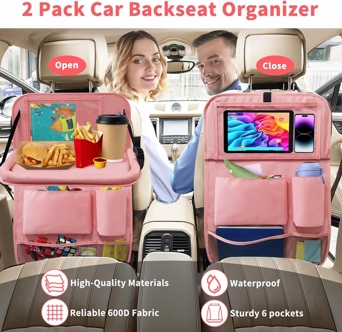 Car Backseat Organizer with Tray, Seat Back Table Holder with 6 Storage Pockets, Car Seat Back Protectors Kick Mats Travel Accessories, 2 Pack Pink