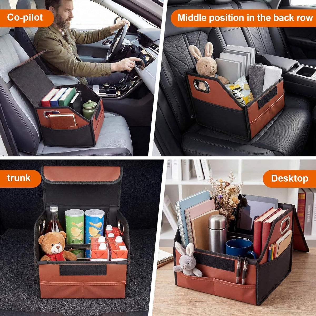 Car Storage Organizer with Box Lid, Leather Car Seat Organizer, Brown Black