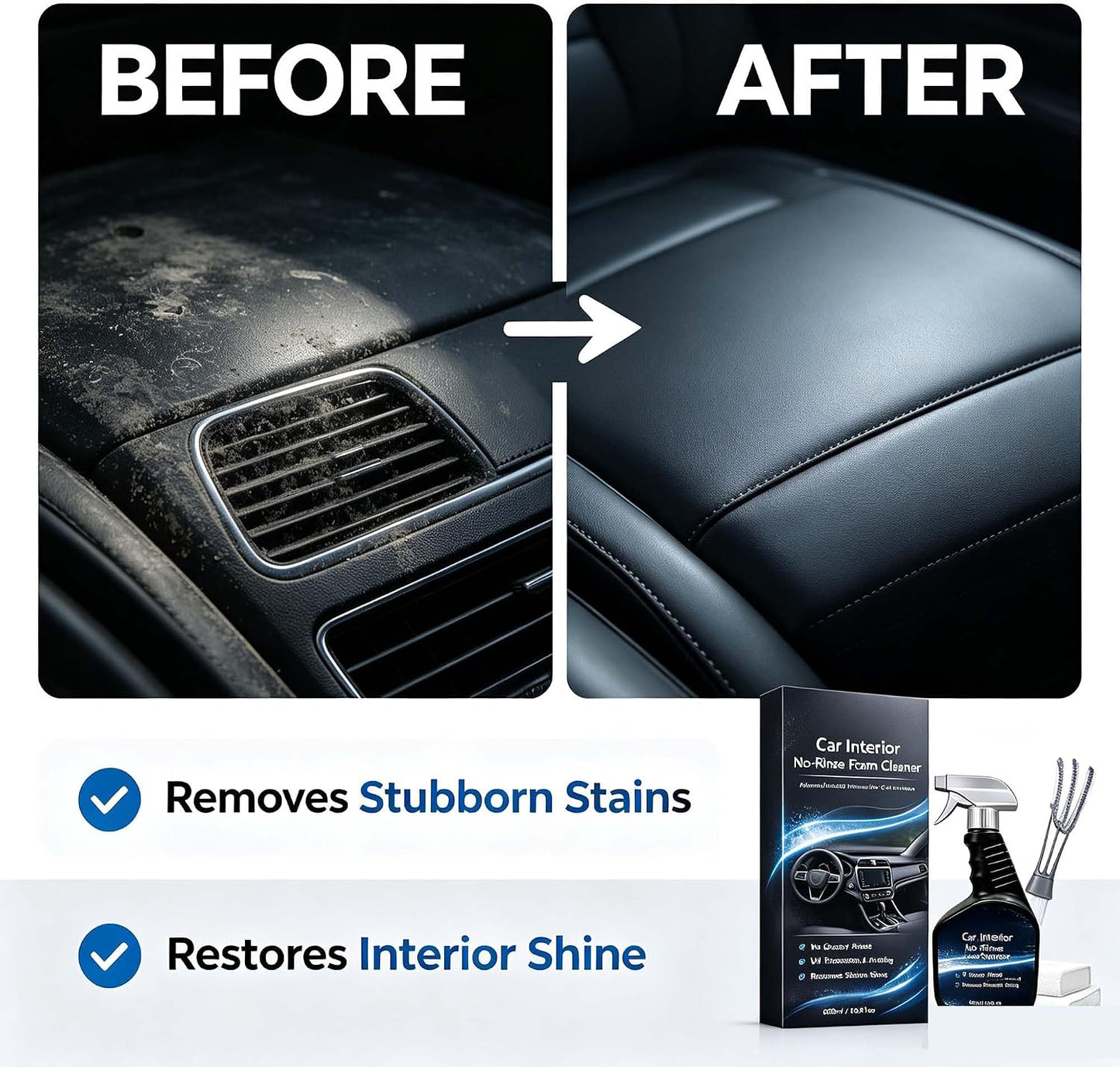 Car Interior Cleaner, 16.9oz Vehicle Interior Cleaner for Tough Stains | Multifunctional Auto Detailing Cleaner with Brush & Towel, Car Cleaner for Car Seats, Carpet, Upholstery, & Leather
