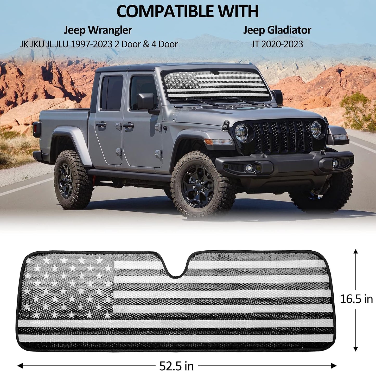 Litivy Windshield Sun Shade Compatible with Jeep Wrangler JK JKU JL JLU 1997-2023 & Jeep Gladiator JT 2020-2023 16.5"x52.5" Folding Front Window Sun Shade for Car Accessories (American Flag)