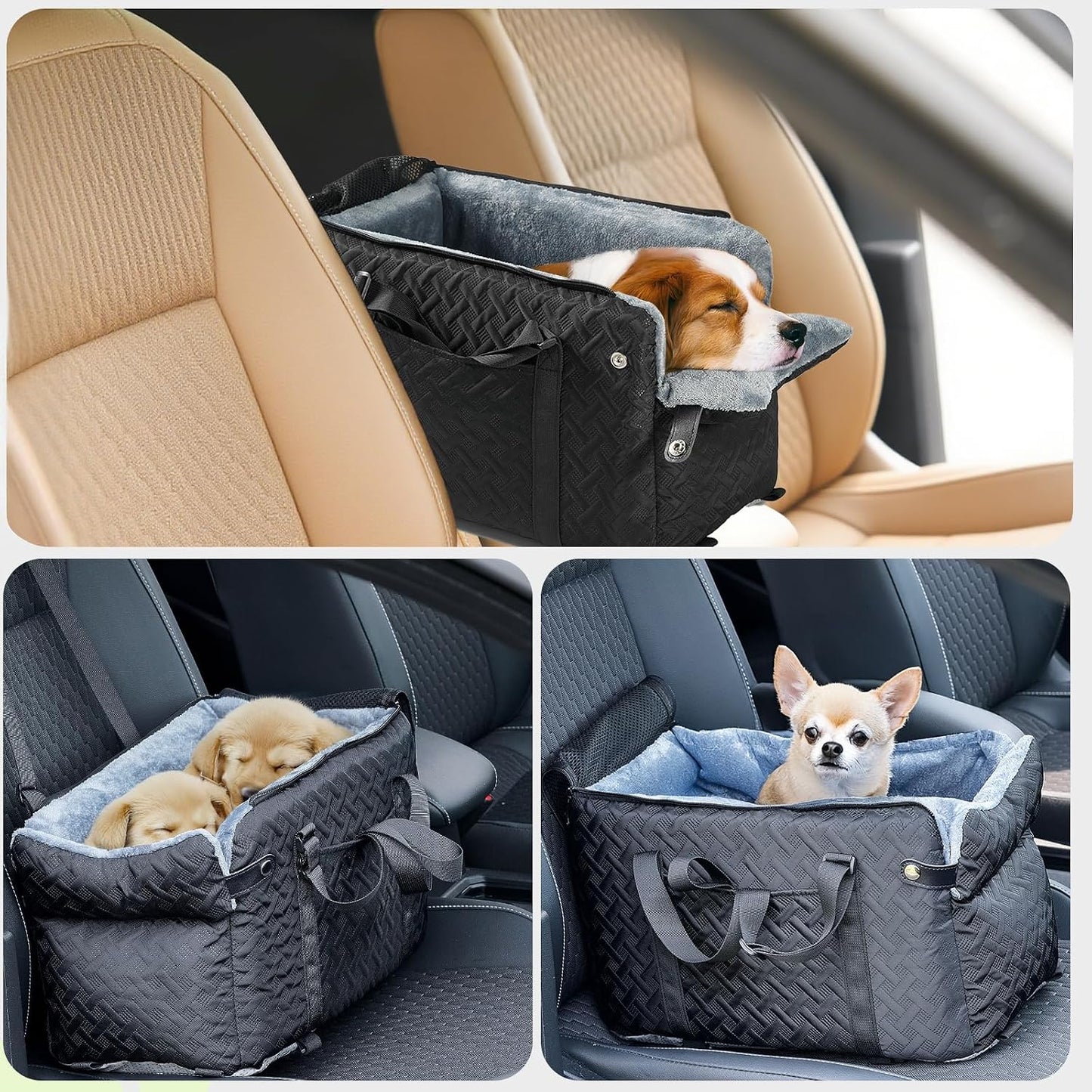 Center Console Dog Car Seat for Small Dogs Cats (Up to 15 lbs) - Washable, Foldable Pet Booster Seat with Safety Hooks, Adjustable Straps &amp; Storage Pocket