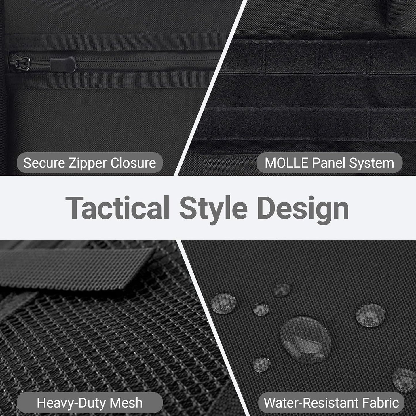 Tactical Car Seat Organizer with Multiple Pockets, MOLLE Panel System & Mesh Compartments, Durable Nylon Universal Vehicle Backseat Storage with Cup Holder, Water-Resistant (Black)