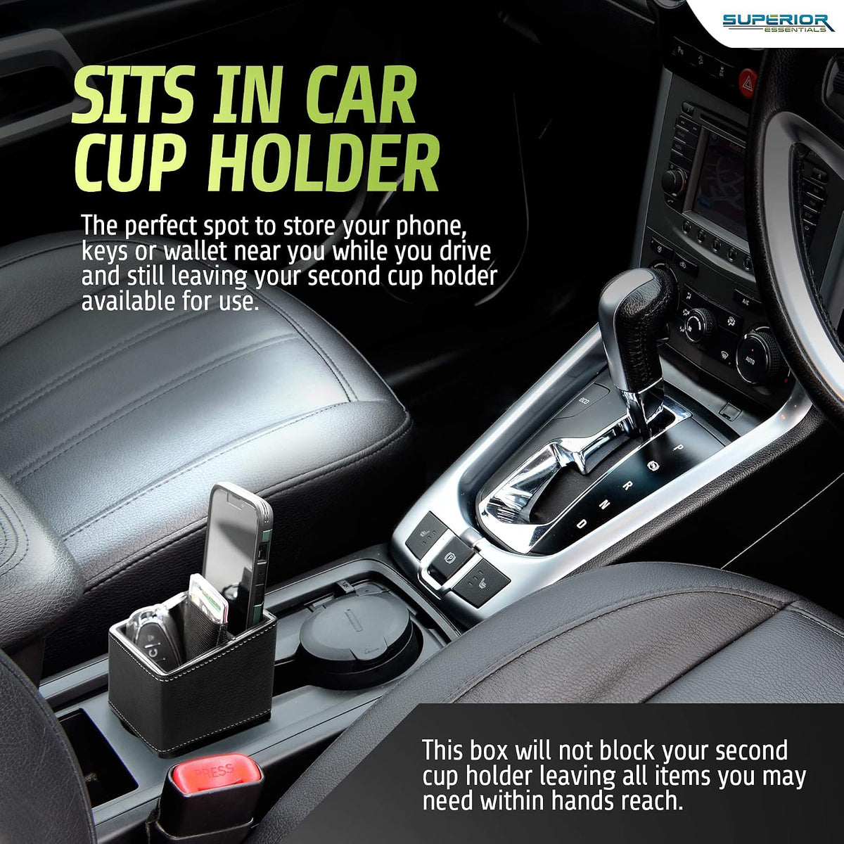 Superior Essentials Car Phone Holder & Key Storage Expander for Cupholder - Universal Size Phone Mount for Car - Elegant Design with Easy Installation - Effortless Charging Cell Phone Holder for Car