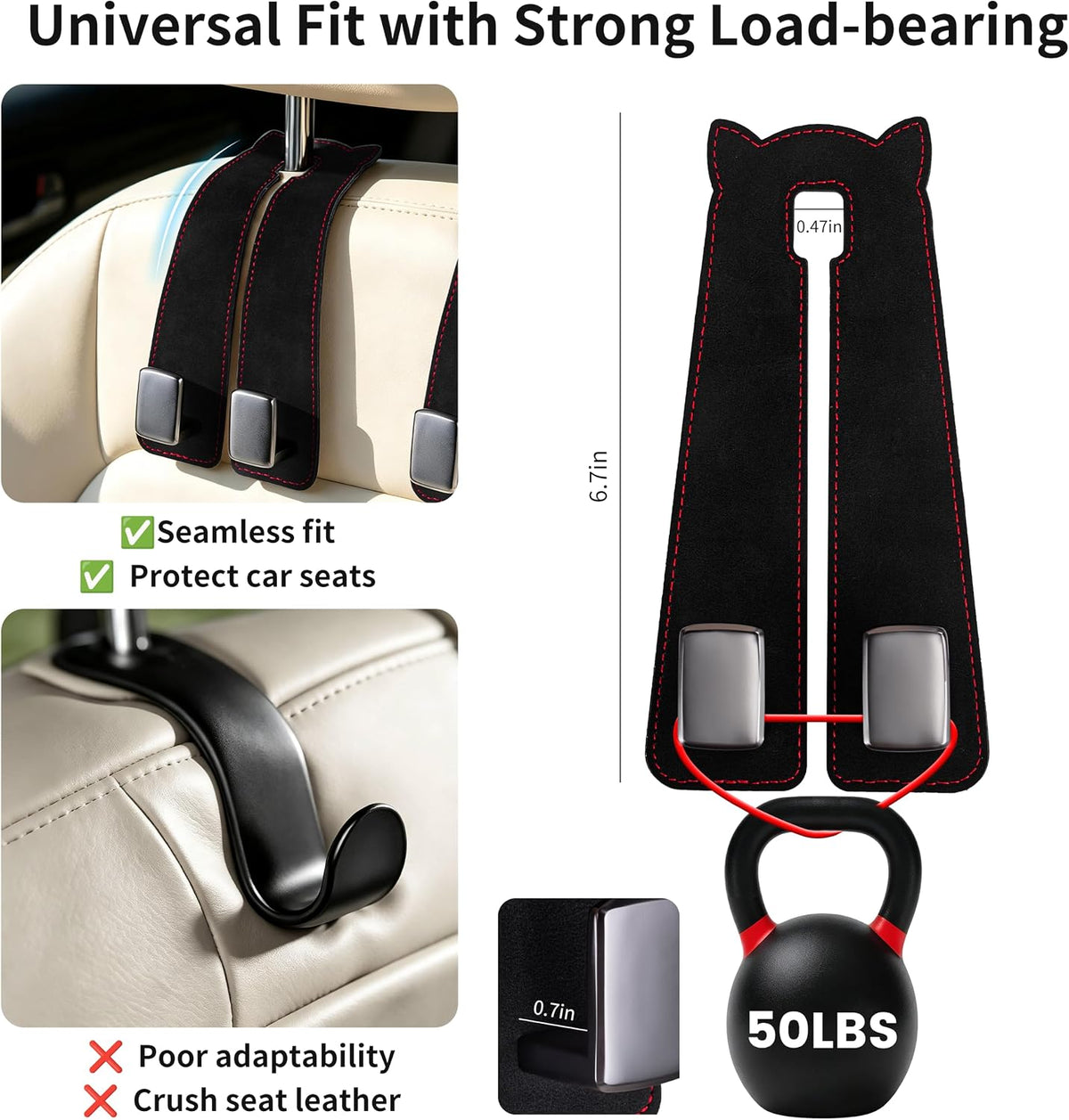 Amooca Car Headrest Hooks 4-Pack Suede Seat Organizer with Metal Core