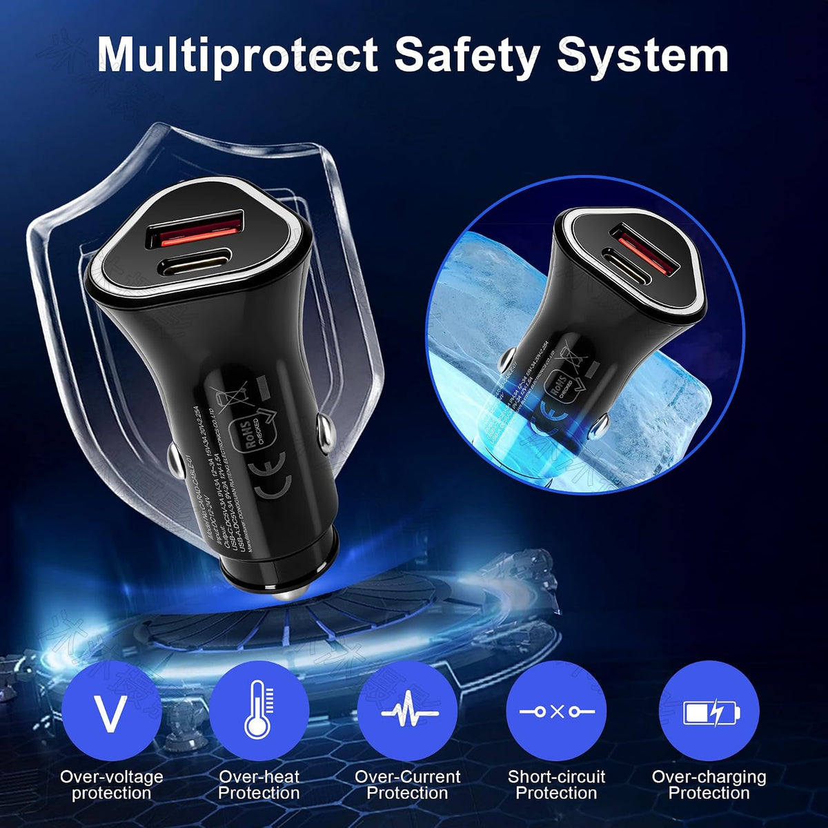 65W USB C Car Charger, 2-Port Super Fast Charging Cigarette Lighter Adapter