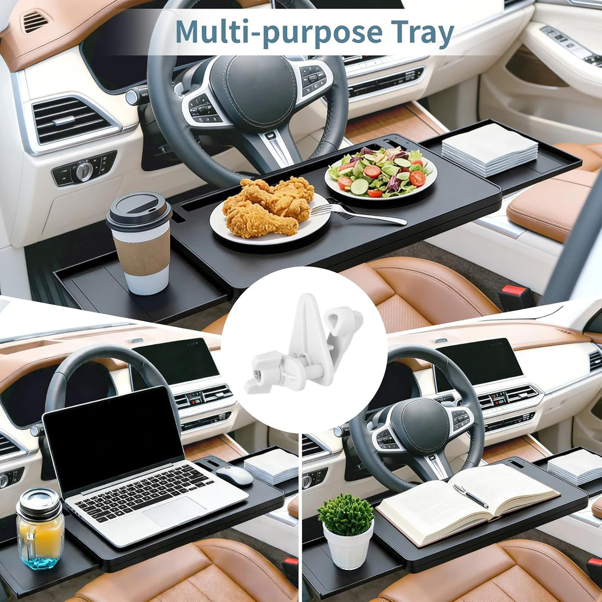 Adjustable Car Steering Wheel Tray, Expandable Car Desk with Rotatable Clip for Laptop & Food, Multipurpose Portable Table for Eating, Working, Gaming