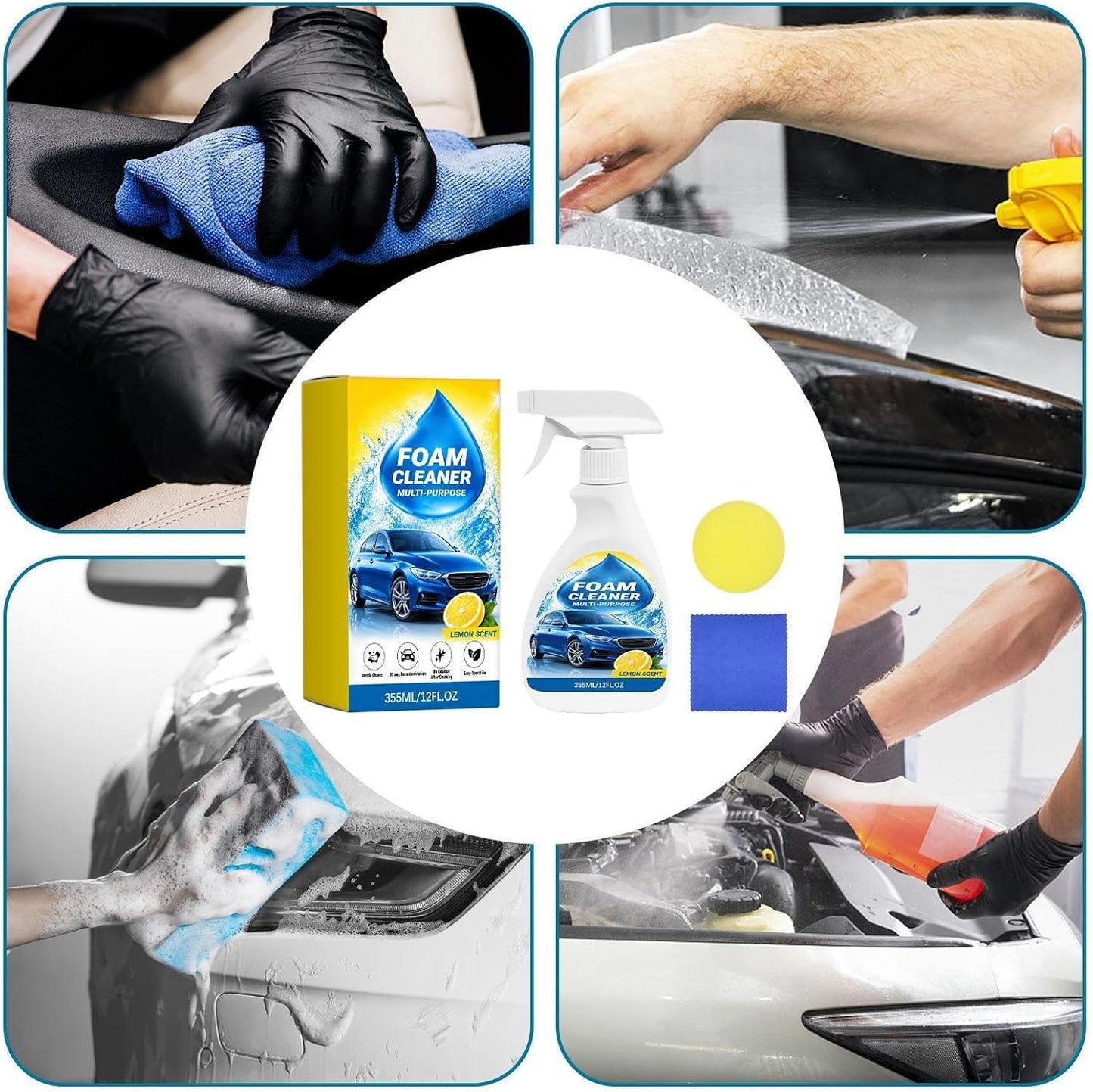 Foam Cleaner for Car 355ML Fruit Fragrance Seat Detailing Spray | with Sponge and Towel No Rinsing Car Seat Cleaner for Truck SUV RV Trailer Kitchen Upholstery Carpet Fabric