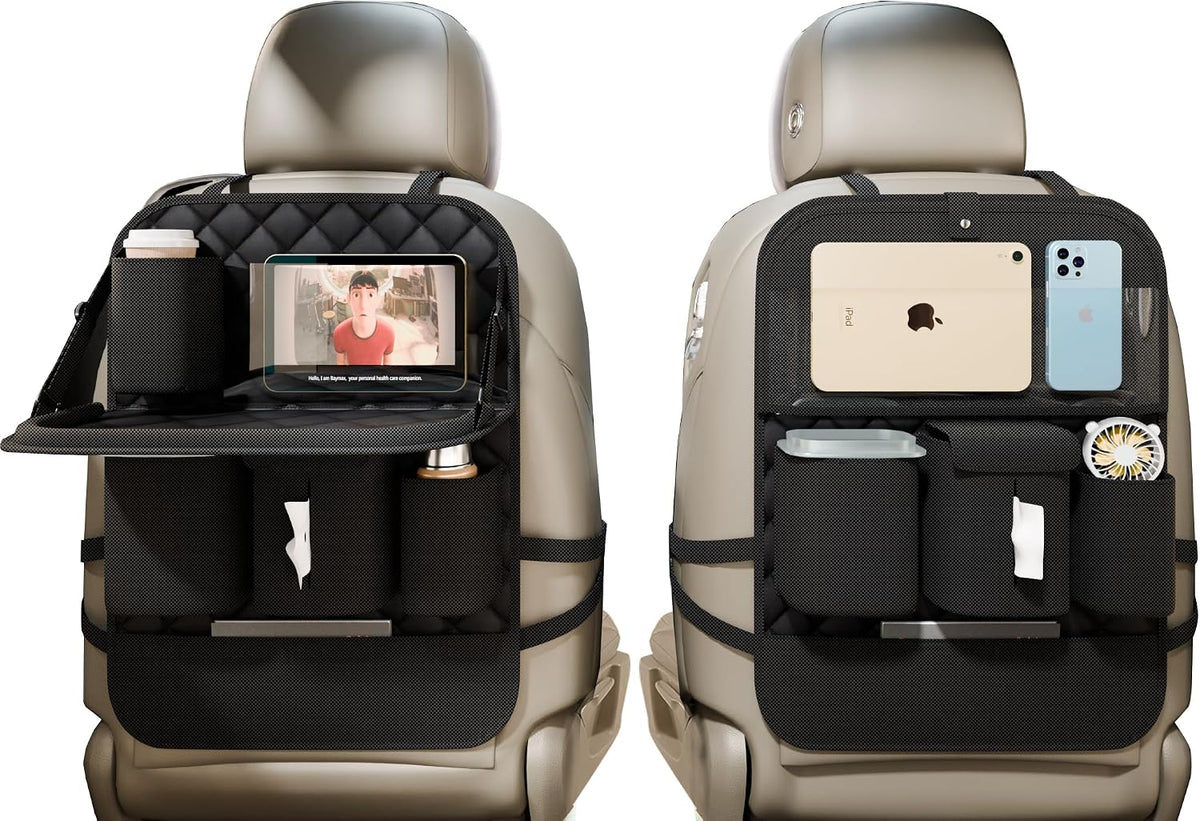 XDV Car Seat Organizers,Multi-functional Back Seat Protectors, Storage Pouches, Child kicking prevention and Tray Holders Kick Mats Back (for Cars, Kids,and Rear Seats) (Black, 2 Pack with Food Tray)
