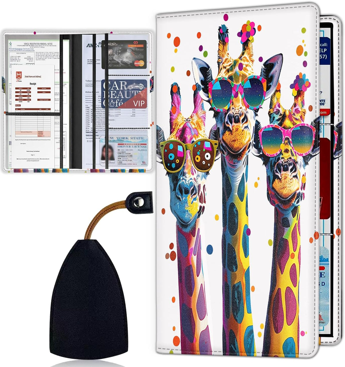 Car Registration Holder, Waterproof PU Leather Vehicle Card Document Glove Box Organizer, Women Interior Auto Accessories Case for Cards, Driver License Car Insurance Holder, Cool Giraffes Pattern