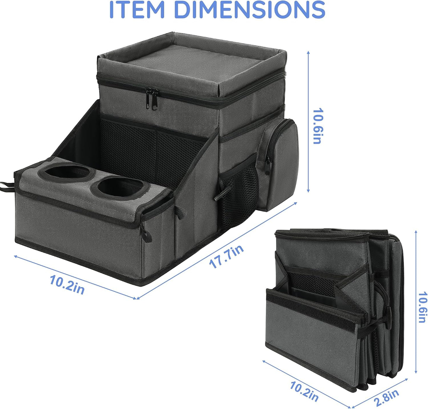 Car Front/Back Seat Organizer with Cup Holder, Movable Divider & Side Pockets, Insulated Compartment for Hot/Cold; Holds Bottles Firmly in Place, Non-slip, Easy-clean, Foldable with Strap