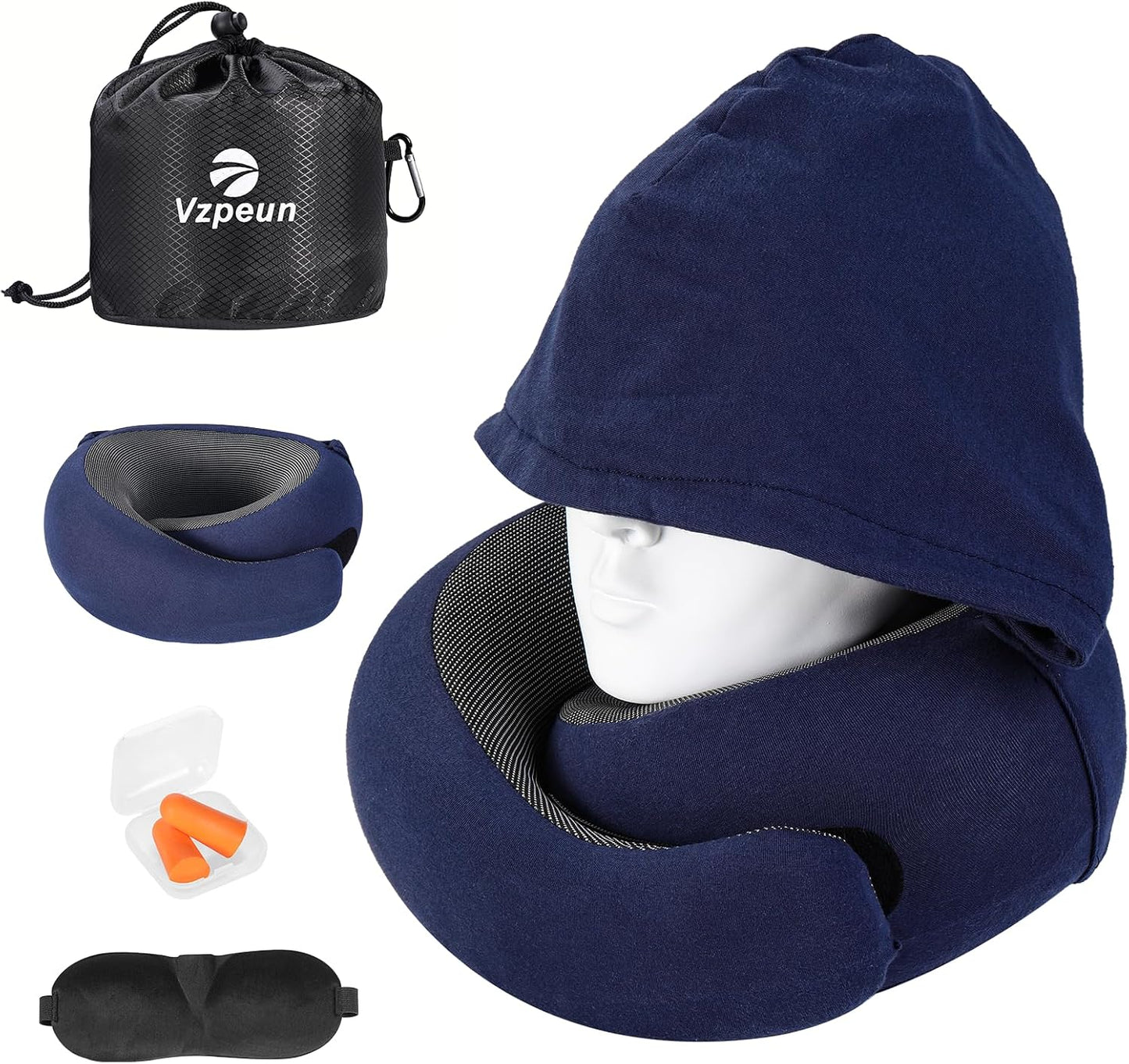Travel Pillow - Hooded Neck Pillow Airplane Memory Foam Filling for Plane, Office, Cars Sleeping, Road Trip, Long Flights, Airplane Travel Essentials, Includes Eye Mask & Earplugs (Black)