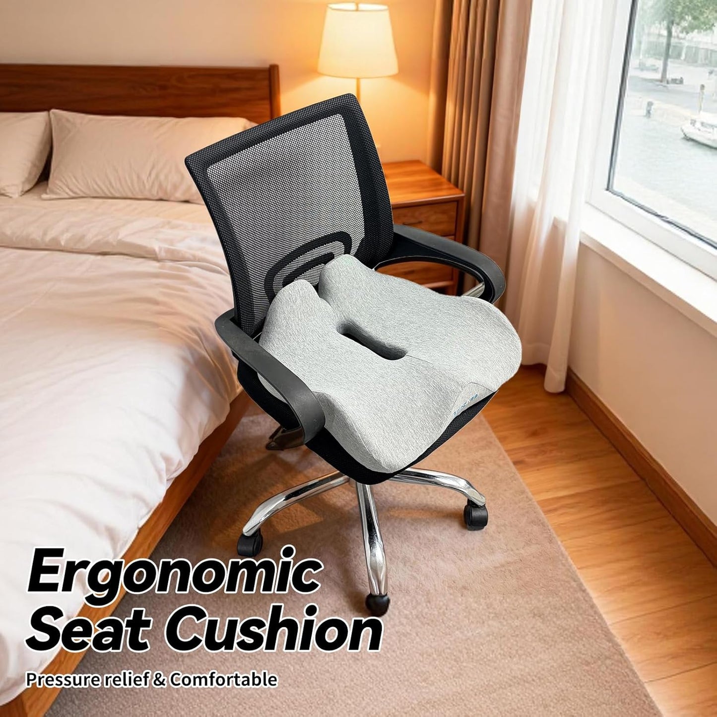 18x16 Inch Memory Foam Seat Cushion for Office, Car, Travel | Grey Chair Cushions with Removable Cover, Non-Slip Bottom and Carry Handle
