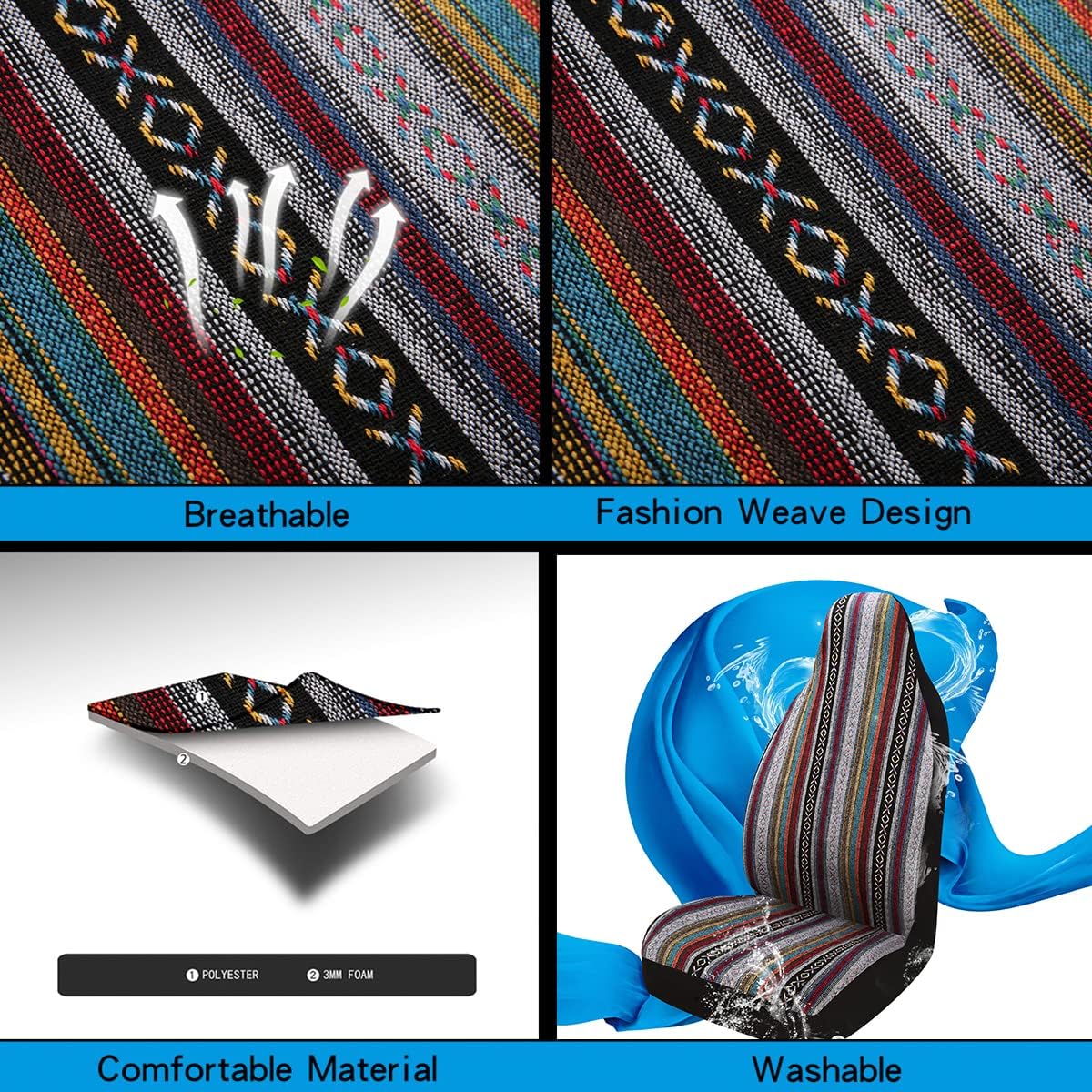 Baja Saddle Blanket Car Seat Covers 7PCS Full Set, Breathable and Washable Striped Woven Automotive Vehicle Seat Cover, Universal Seat Cover for Sedan, SUV, Airbag Compatible