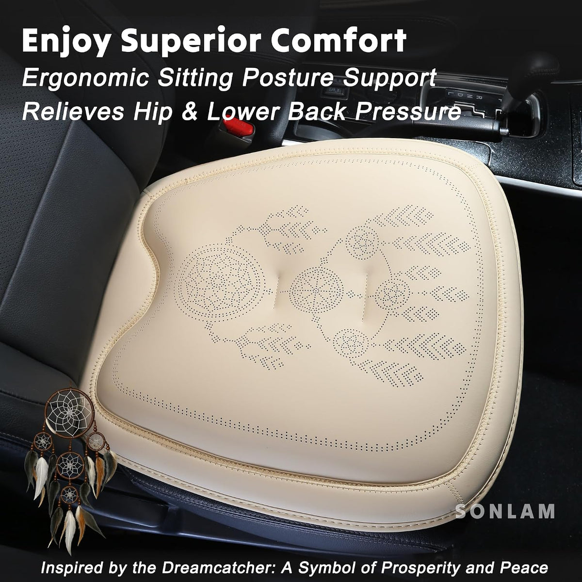 Comfort Dreamcatcher Car Seat Cushion Non-Slip - Relaxing, Optimal Support & Posture for Long Drive (Front Seats (Beige))