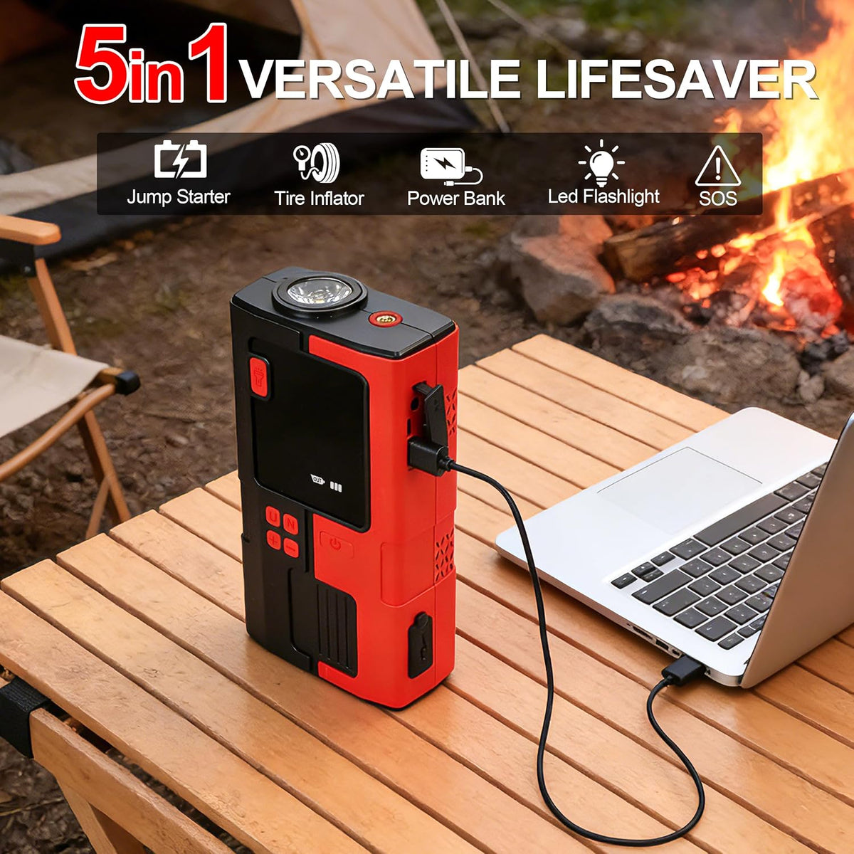 12V 5000A Jump Starter with Air Compressor Portable for Car Emergency，UltraSafe, 160PSI, 9.0L Gas/6.0L Diesel, Tire Inflation, Jumper Cables, LED Light, for Car, Motorcycle, SUV
