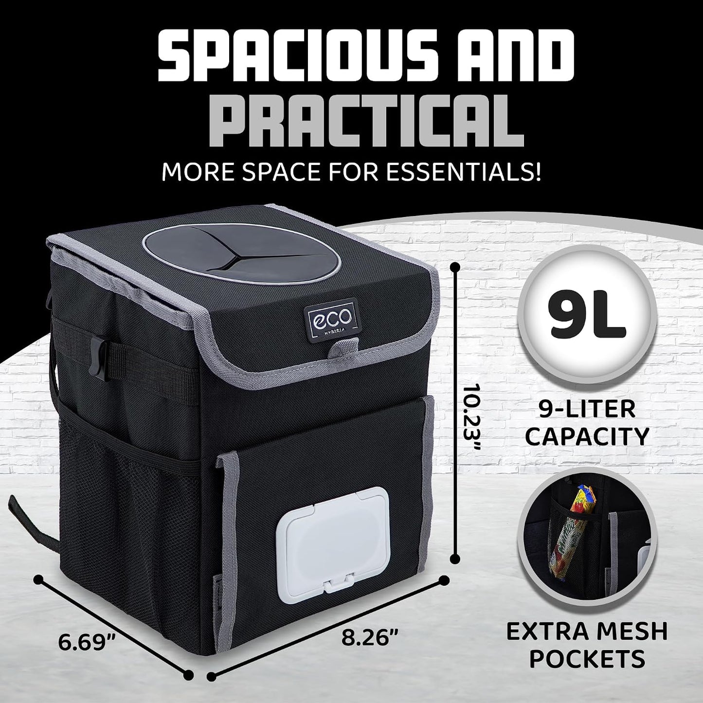 Eco Hygieia Leakproof Car Trash Can - Portable Hanging Car Garbage Can with Adjustable Elastic Strap, Wipes &amp; Tissue Box Holder, Spillproof Opening, Mesh Pockets, Waterproof Lining