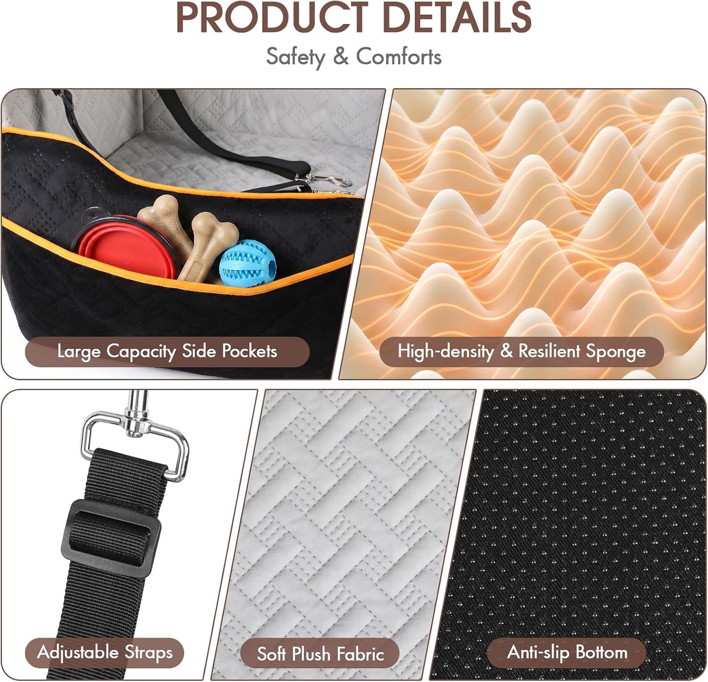 GINMIC Dog Car Seats for Small Medium Dogs up to 35 lbs – Dog Booster Car Seat with 5.3-Inch Memory Foam, Dual Safety Leashes, Detachable Washable Cover & Storage Pockets, Soft Travel Dogs Bed (Black)